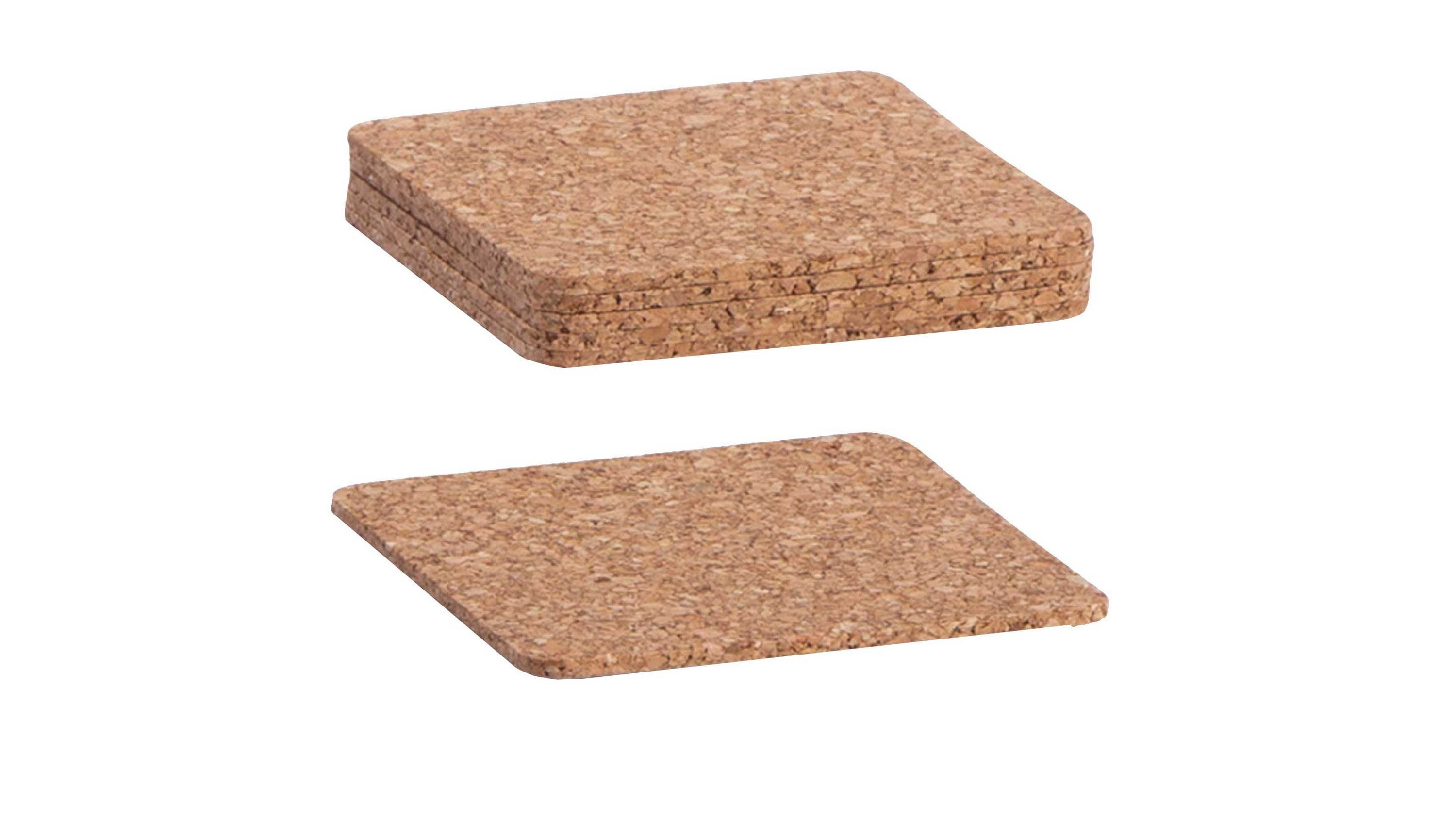 Quadratische Untersetzer aus Kork sechsteilig Sechsteiliges Set quadratischer Untersetzer aus naturfarbenem Kork mit abgerundeten Ecken