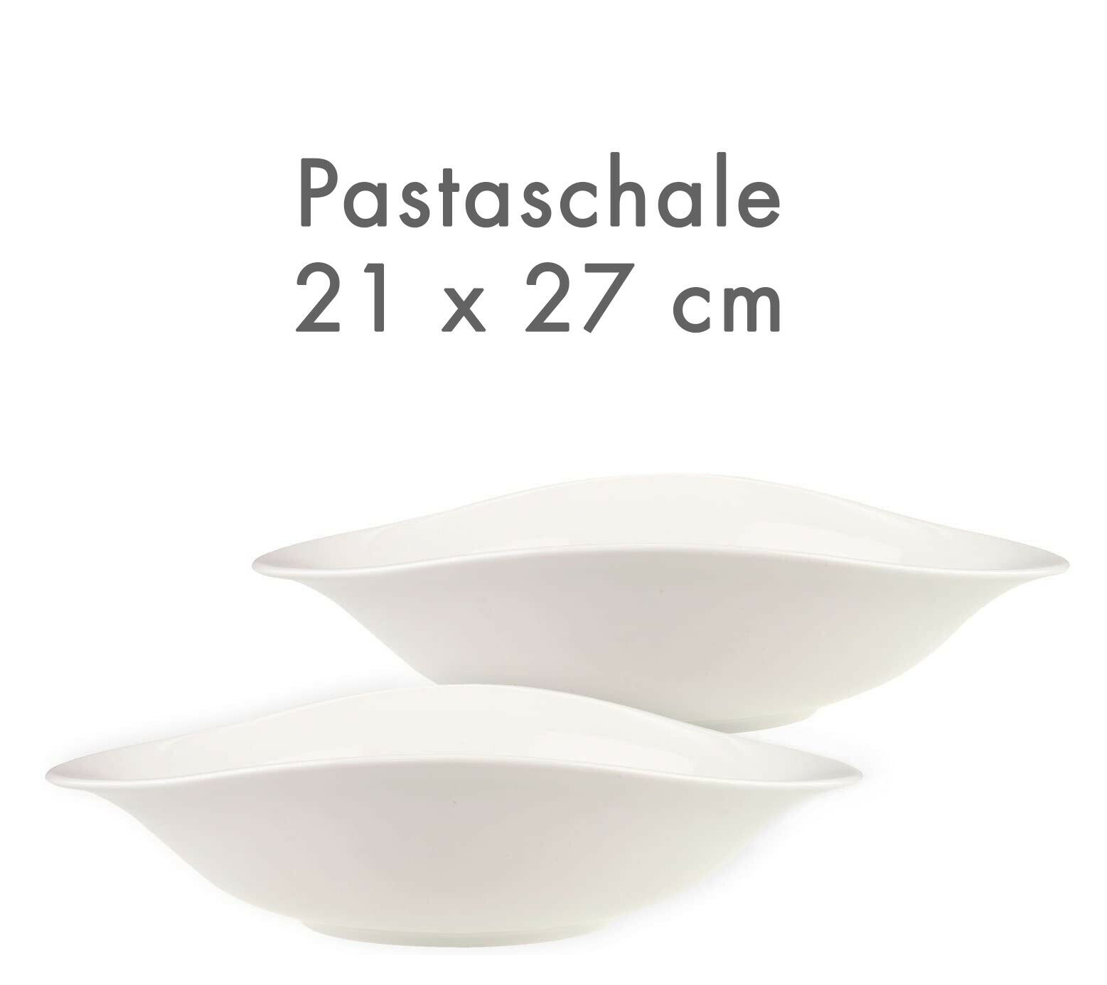 Zwei weiße ovale Pastaschalen aus Porzellan mit der Aufschrift Pastaschale 21 x 27 cm  nebeneinander dargestellt