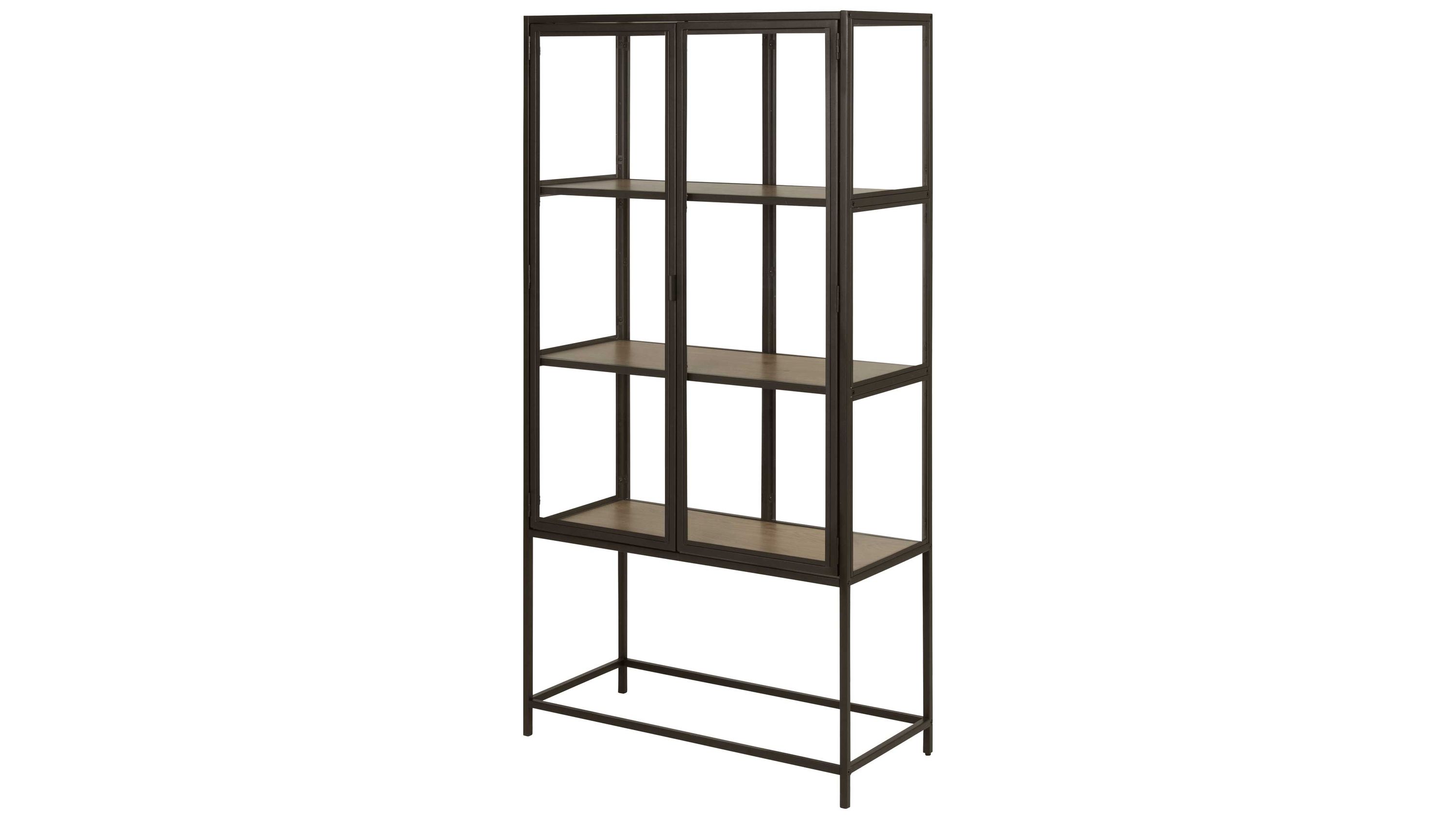 Vitrine mit Glastüren und Holzregalböden im Metallrahmen Vitrine mit zwei Glastüren drei Holzregalböden und schwarzem Metallrahmen