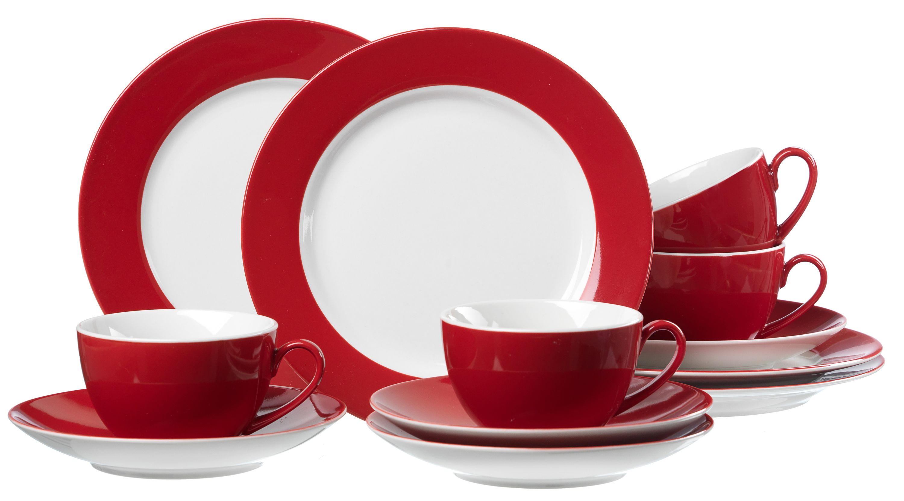 Ritzenhoff & Breker Kaffeeservice Doppio weißes Porzellan mit rotem Rand - zwölfteilig, Kaffeegeschirr
