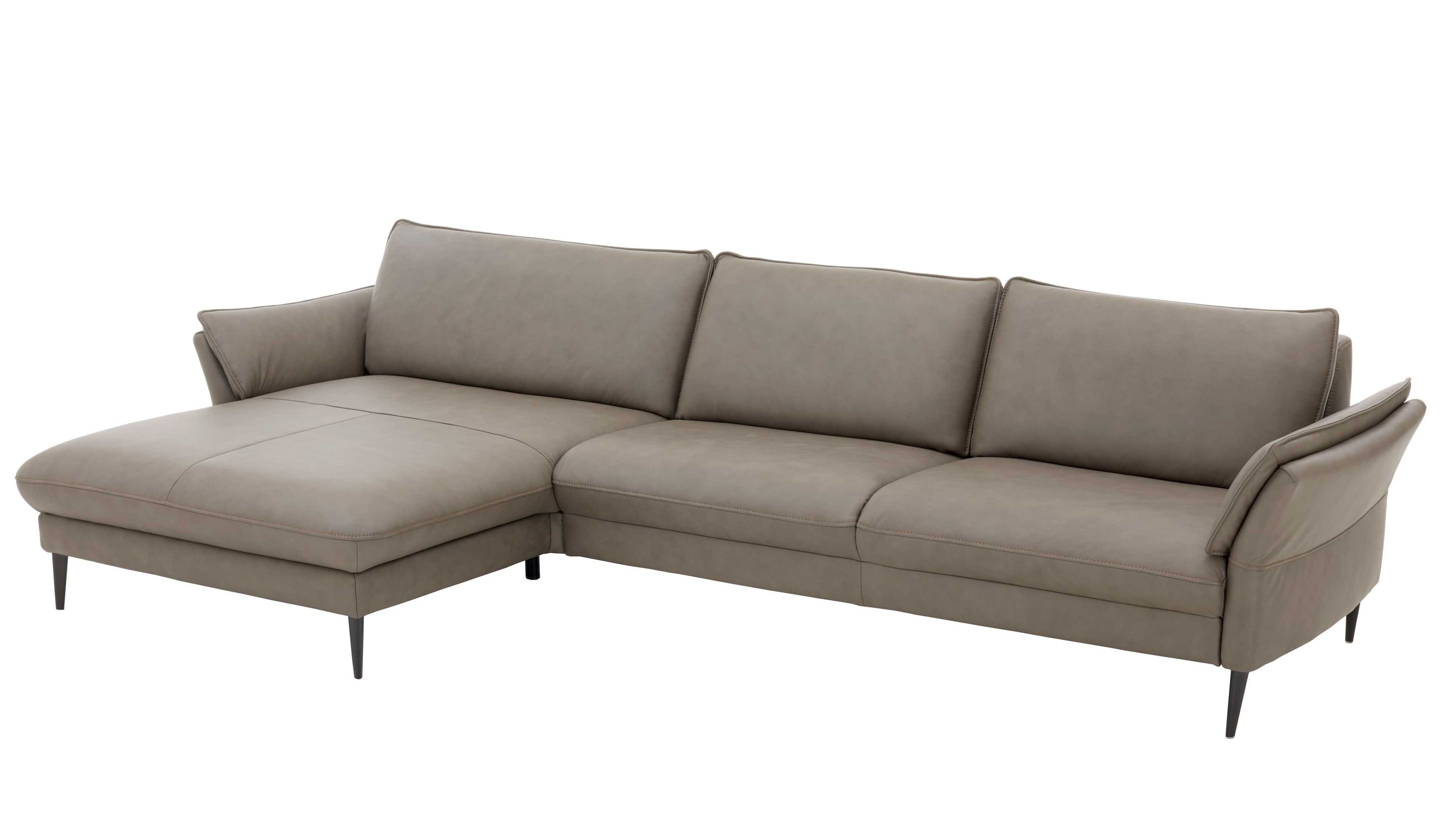Graues Ecksofa mit schwarzen Metallfüßen Ecksofa mit grauem Bezug und schwarzen Metallfüßen links eine Ottomane