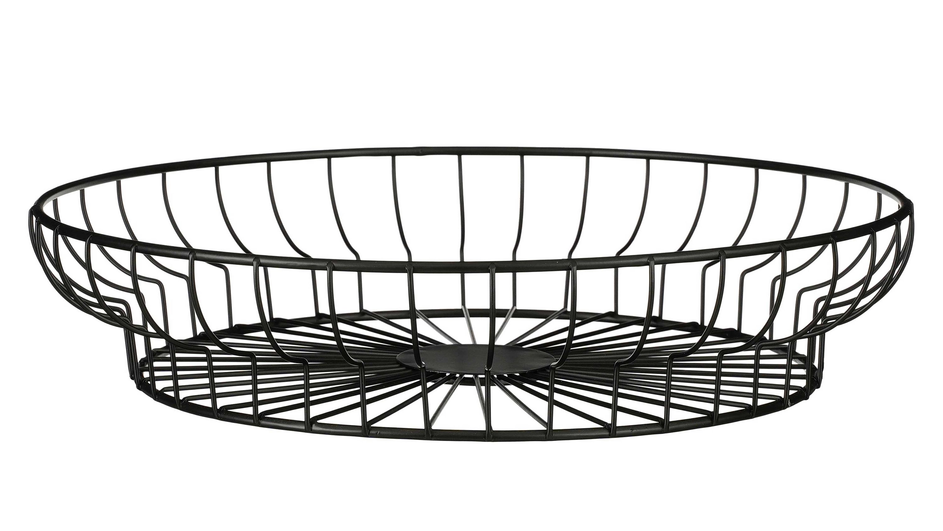 Runder Metallkorb in Schwarz mit Gitterstruktur Runder schwarzer Metallkorb mit offenem Gitterdesign und flachem Boden