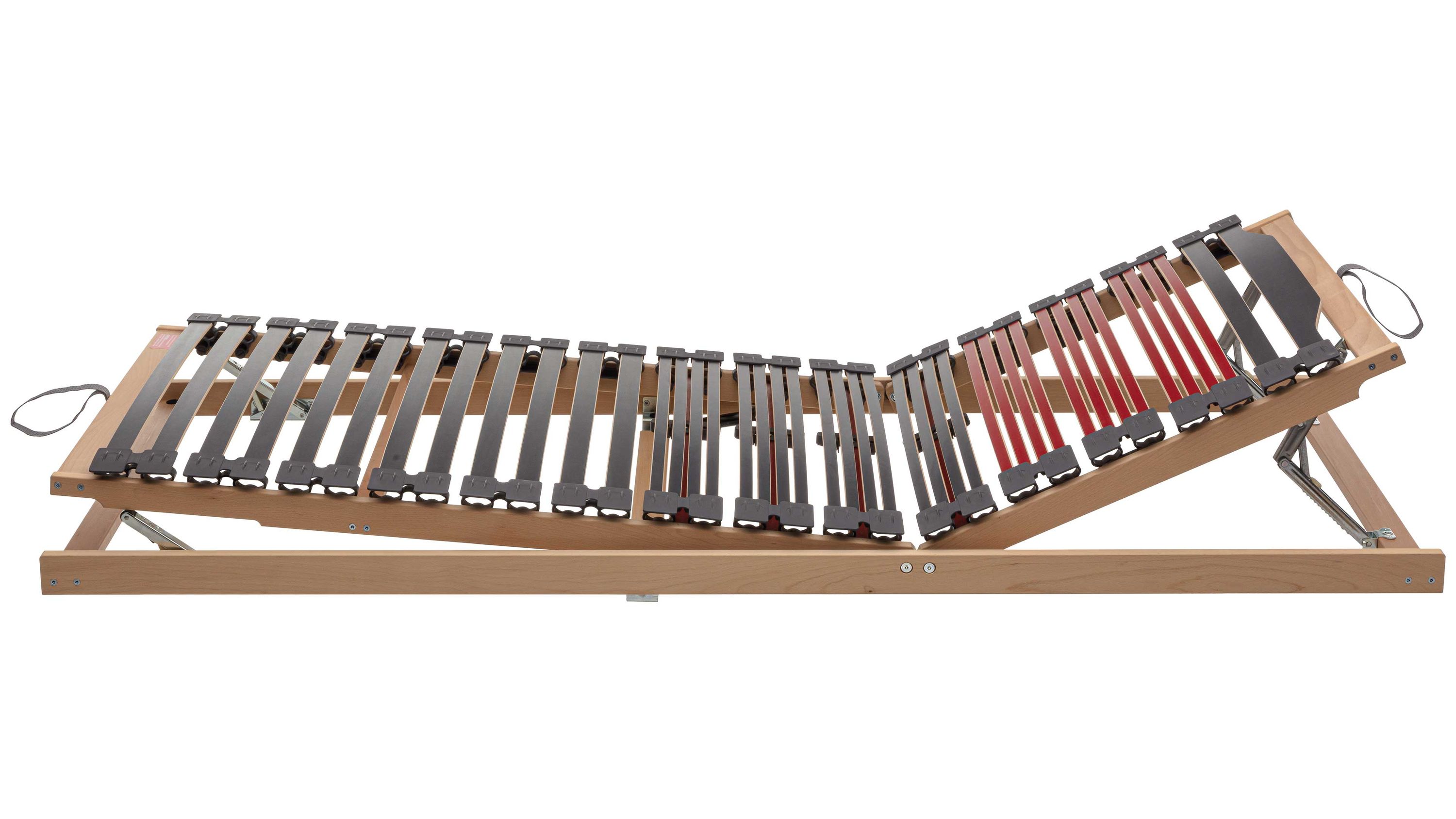 Verstellbarer Lattenrost aus Holz mit Hebehilfe Verstellbarer Lattenrost aus Holz mit Hebehilfe und schwarzen Halterungen