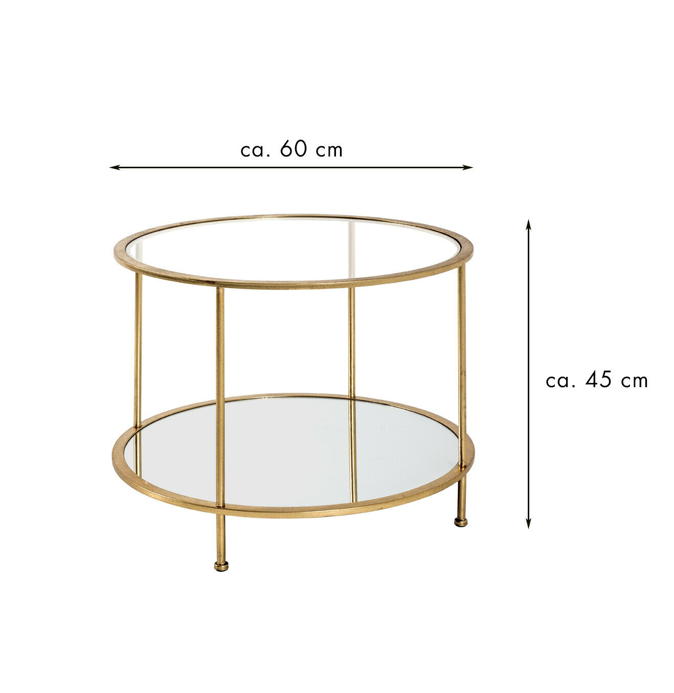 Runder Beistelltisch mit goldfarbenem Gestell vier senkrechte Streben zwei Ebenen Spiegelglas ca. 45 cm hoch 60 cm Ø