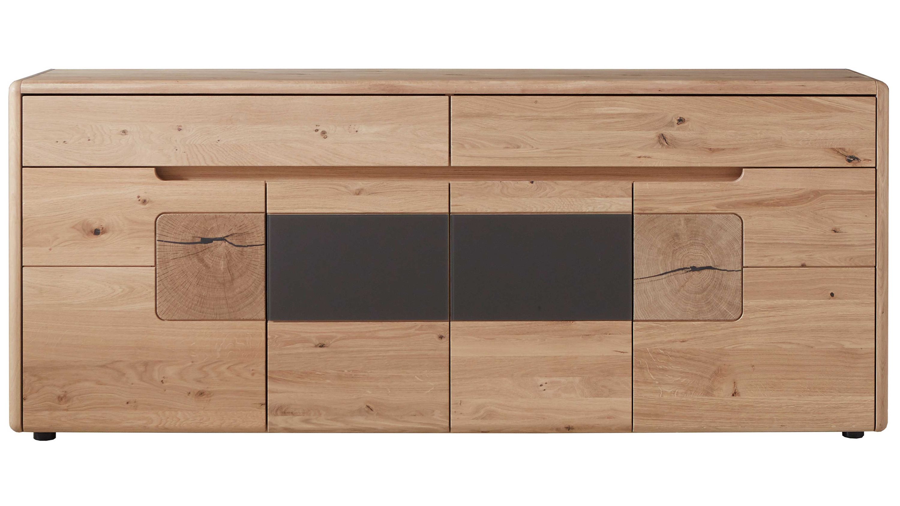 Sideboard mit vier Türen und zwei Schubladen aus hellem Holz mit dunklen Einsätzen