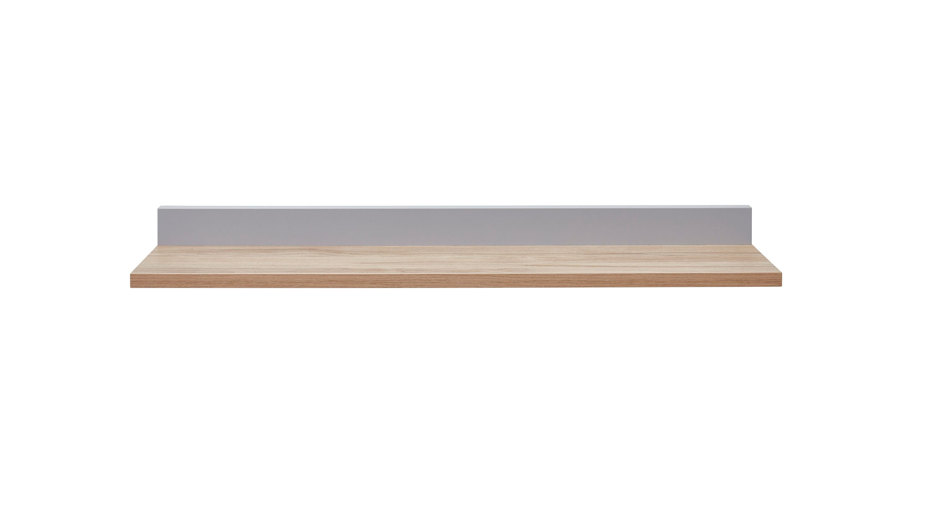 Wandregal mit flacher Ablagefläche in hellgrau und naturfarbenem Holzton