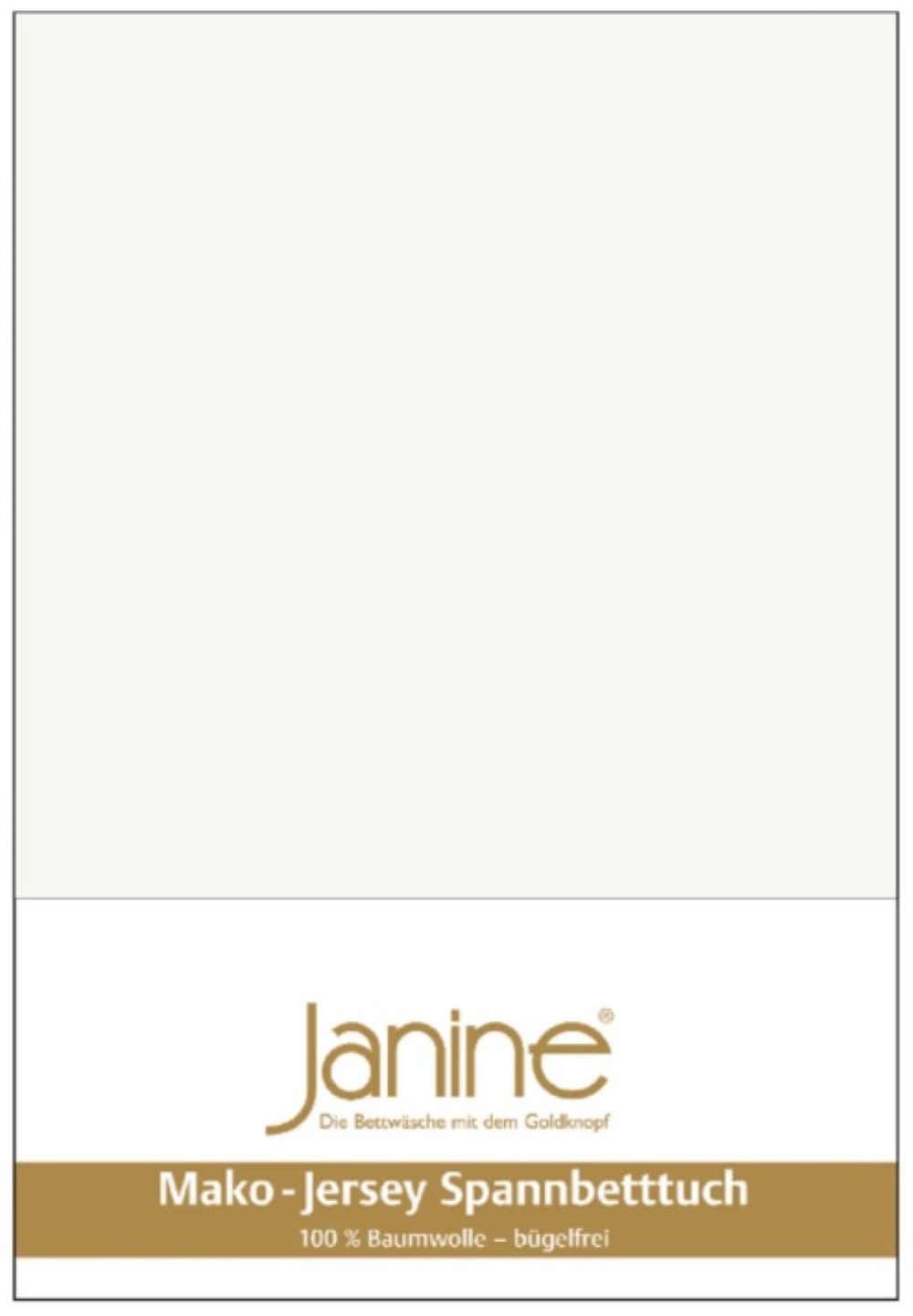 Weißes Feinjersey-Spannbetttuch in weiß-goldener Verpackung mit goldener Janine-Aufschrift  frontal fotografiert