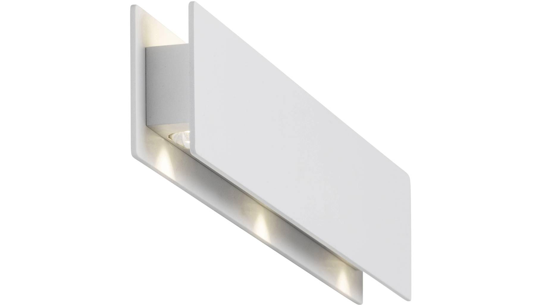 Weiße Aluminium-Wandleuchte rechteckig mit sichtbarer Befestigung Lichtaustritt oben/unten seitlich aufgenommen
