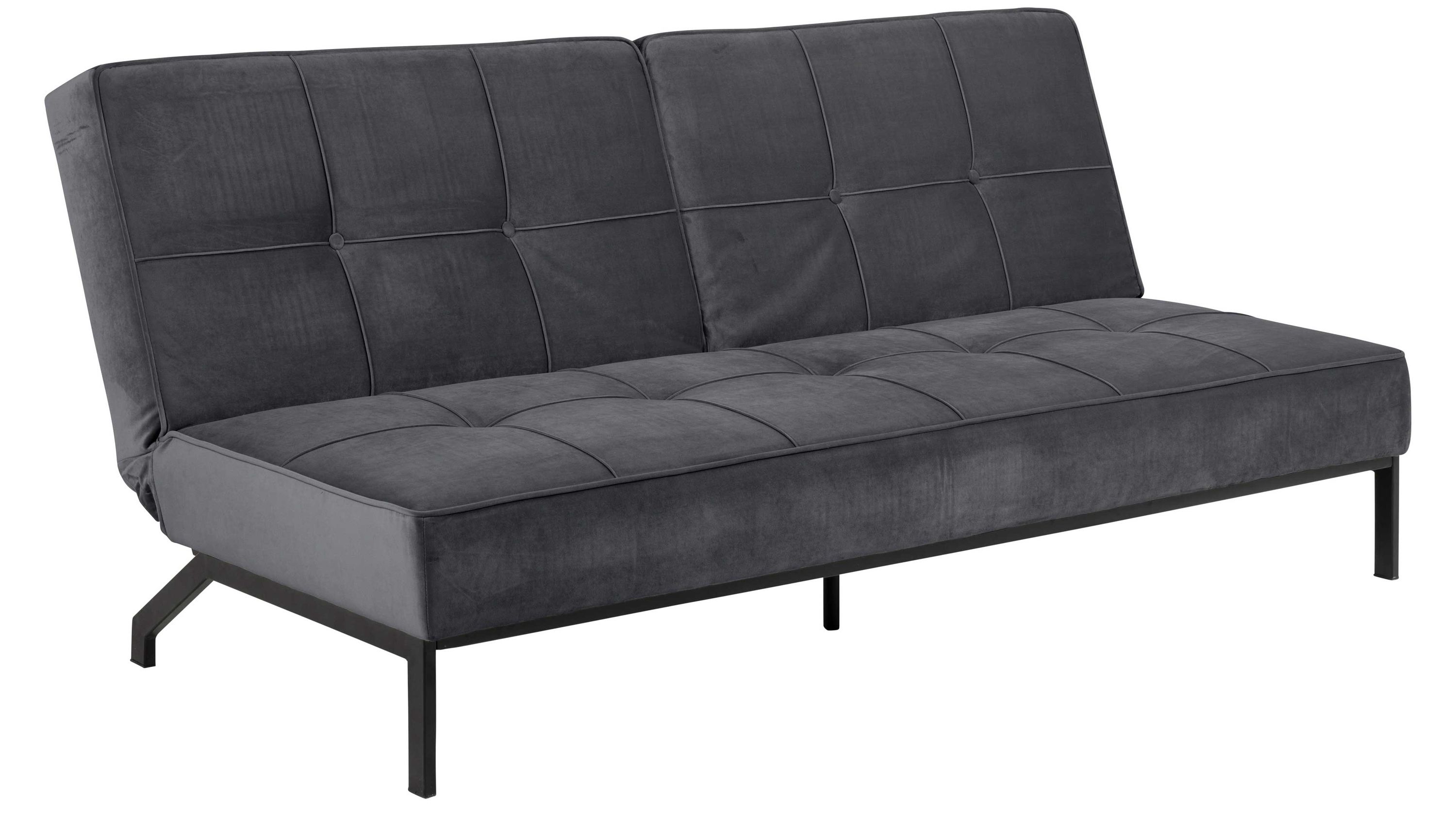 Dunkelgraues Schlafsofa mit rechteckiger Form gepolstertem Sitz und Rückenlehne mit Steppnähten schwarze Metallfüße