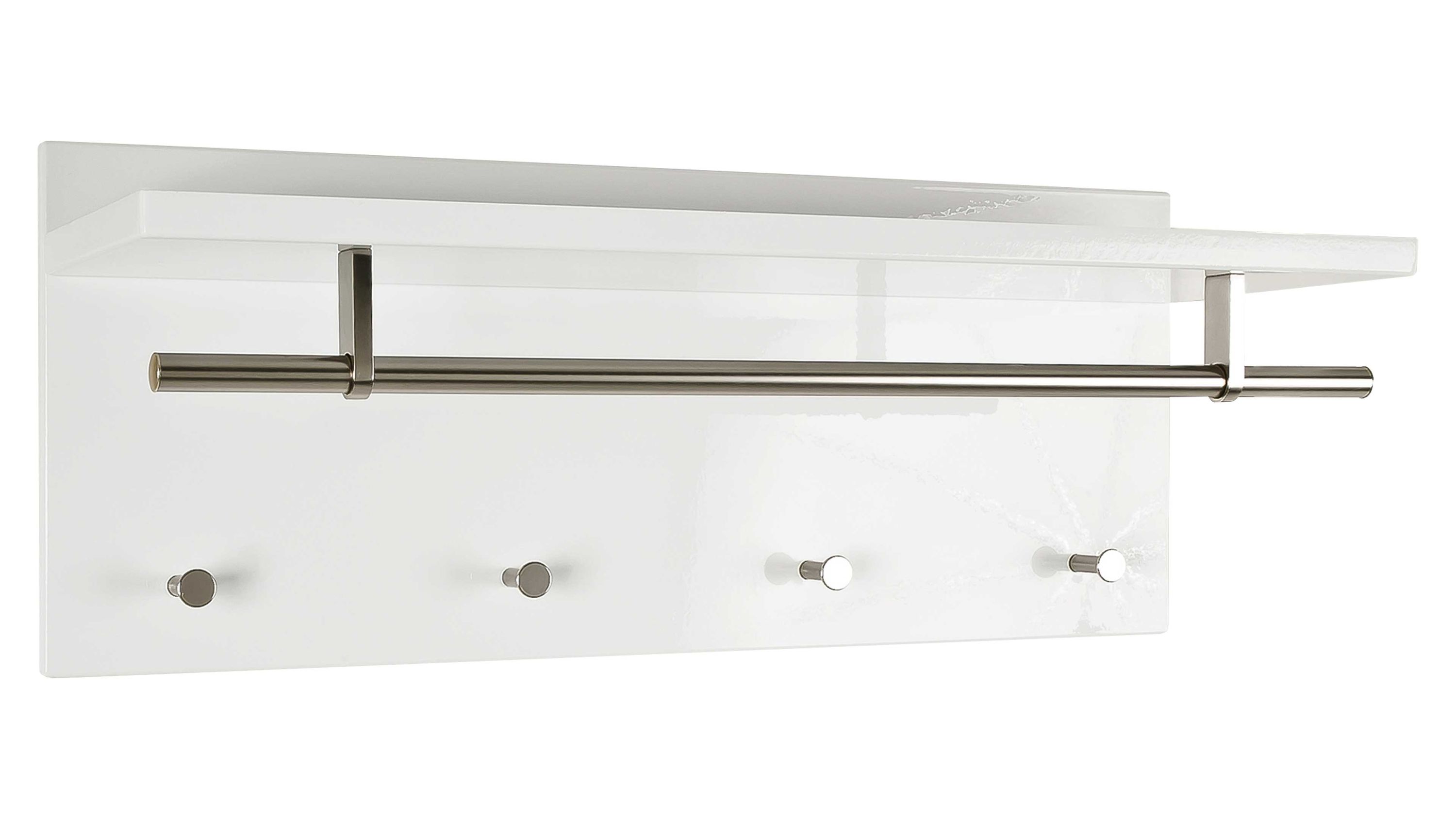 Weiße Wandgarderobe mit vier runden Garderobenhaken und einer langen Stange aus Metall