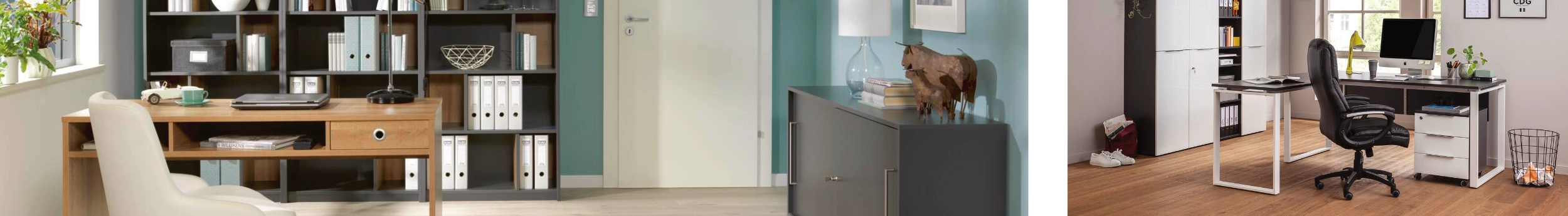 Moderne Arbeitszimmer mit Schreibtischen, Regalen und Bürostühlen, eingerichtet für Homeoffice und Organisation.