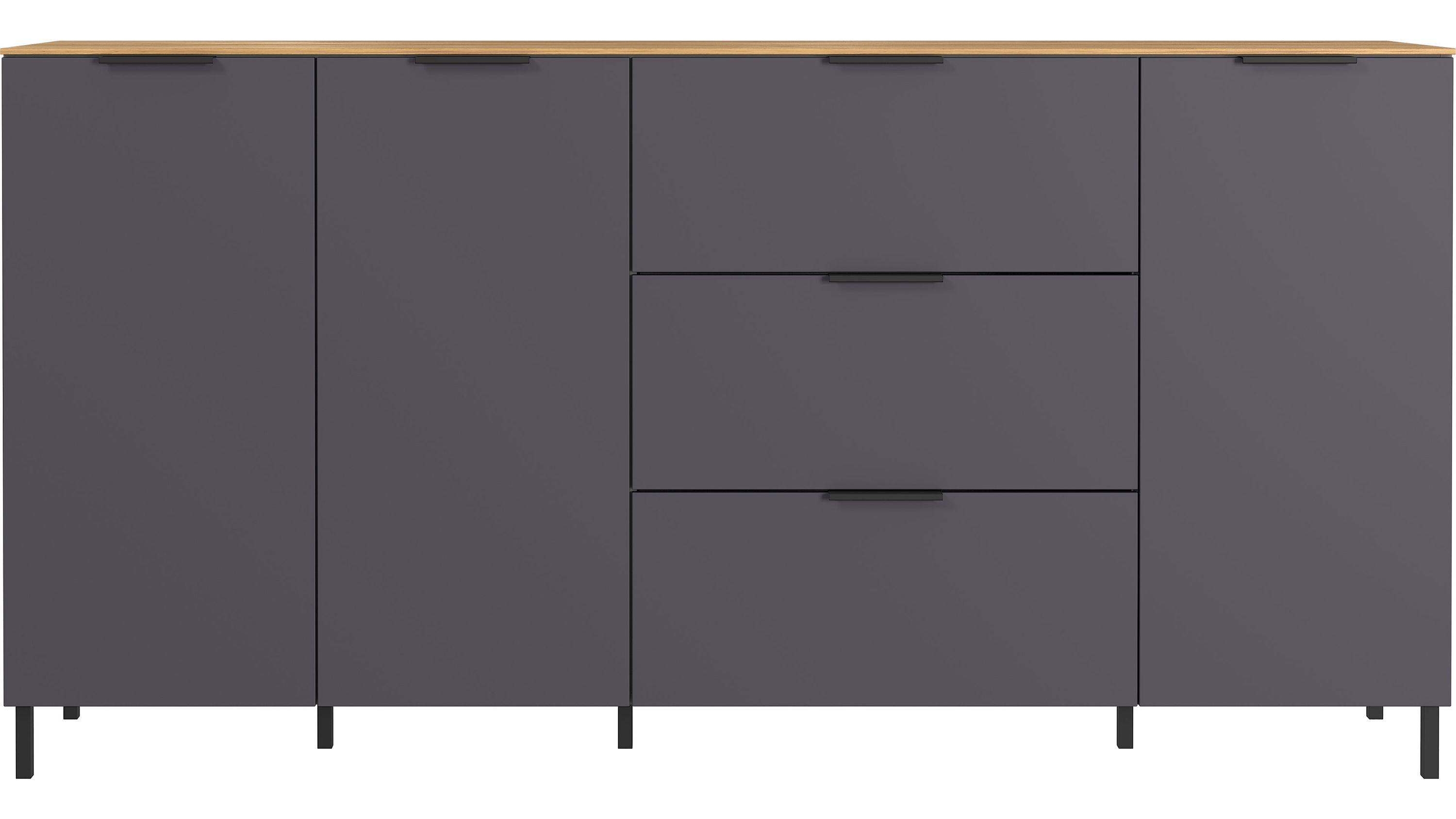 Sideboard mit Türen und Schubladen in Grau und Holzoptik Sideboard mit vier Türen und drei Schubladen in dunklem Grau und heller Holzplatte