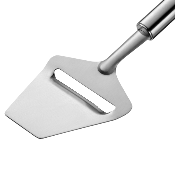 Erhöhte schräge Ansicht von silberfarbenem Edelstahl-Käsehobel mit Schlitzklinge und Metallgriff