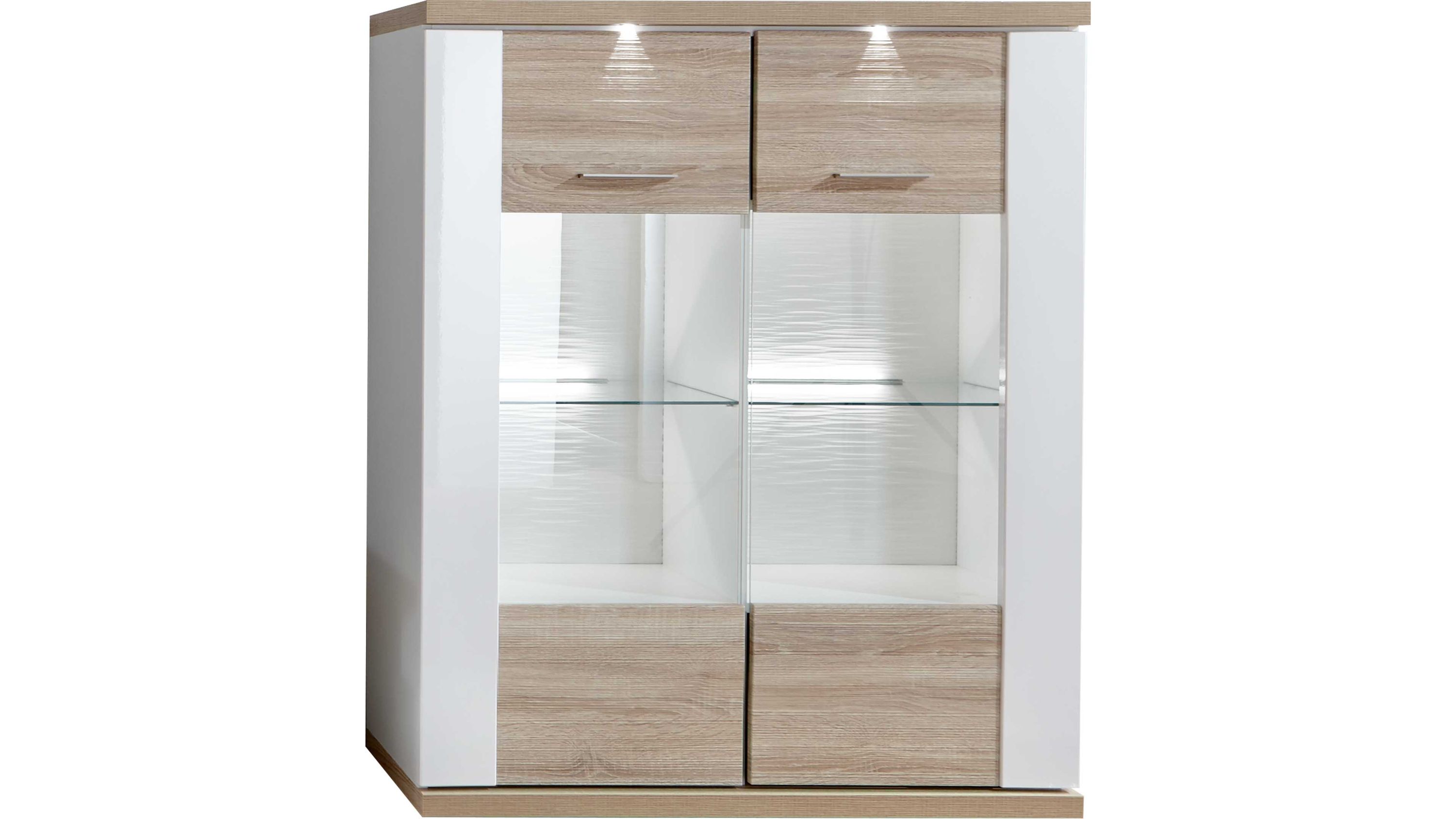 Hochschrank mit zwei Türen in Weiß und Holzoptik Hochschrank mit zwei Türen aus weißem und hellem Holz mit Glaseinsatz und Beleuchtung
