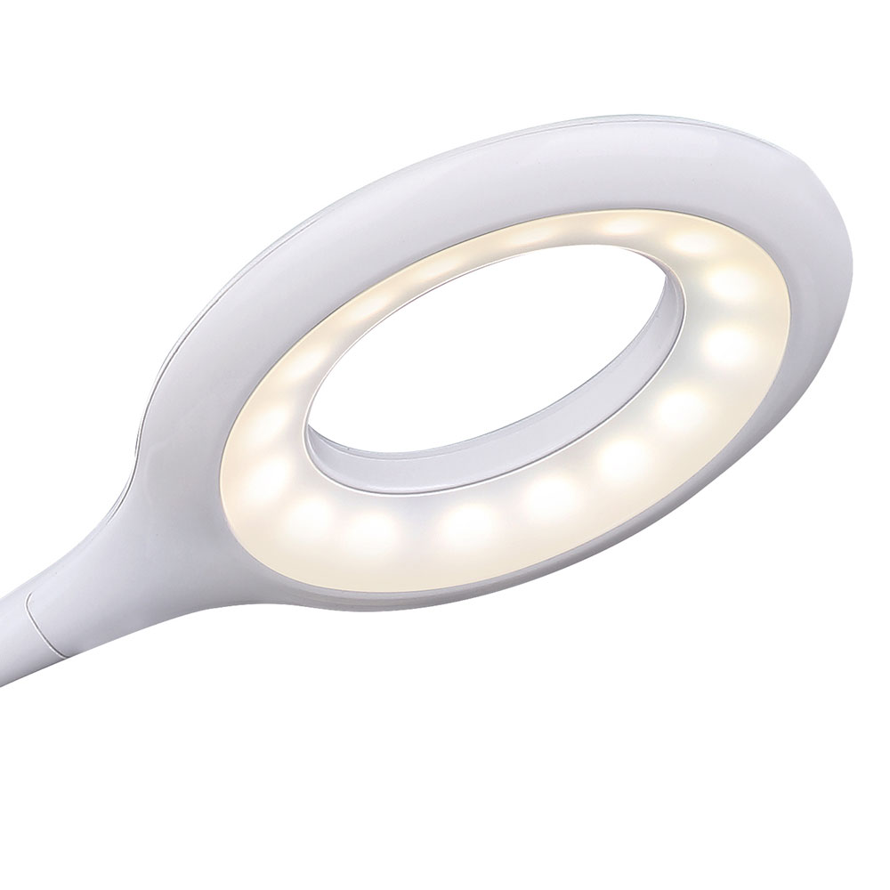 Weiße LED-Klemmleuchte mit rundem Kopf Touch-Steuerung und flexiblem Arm schräg von vorne links aufgenommen