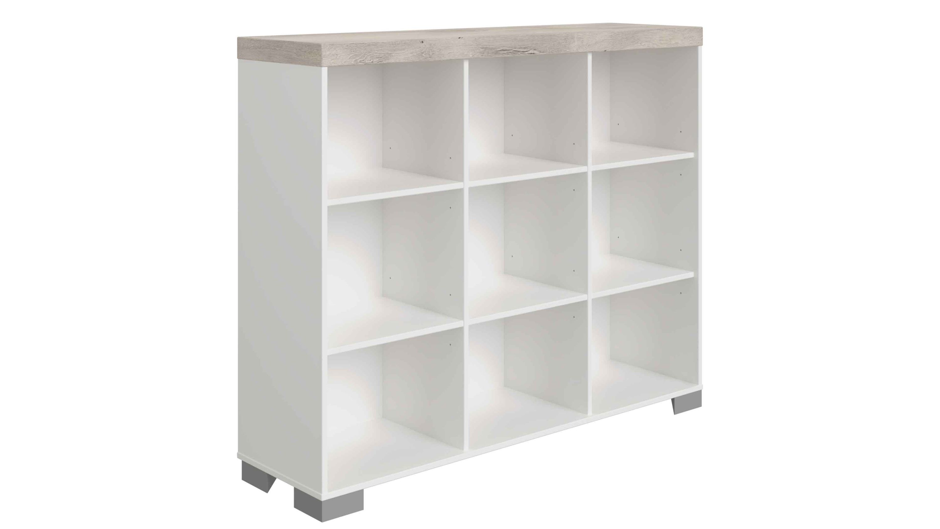 Regal mit neun Fächern in Weiß und Holzoptik Regal mit neun quadratischen Fächern in weiß mit hellbraunem Deckel und kurzen Füßen