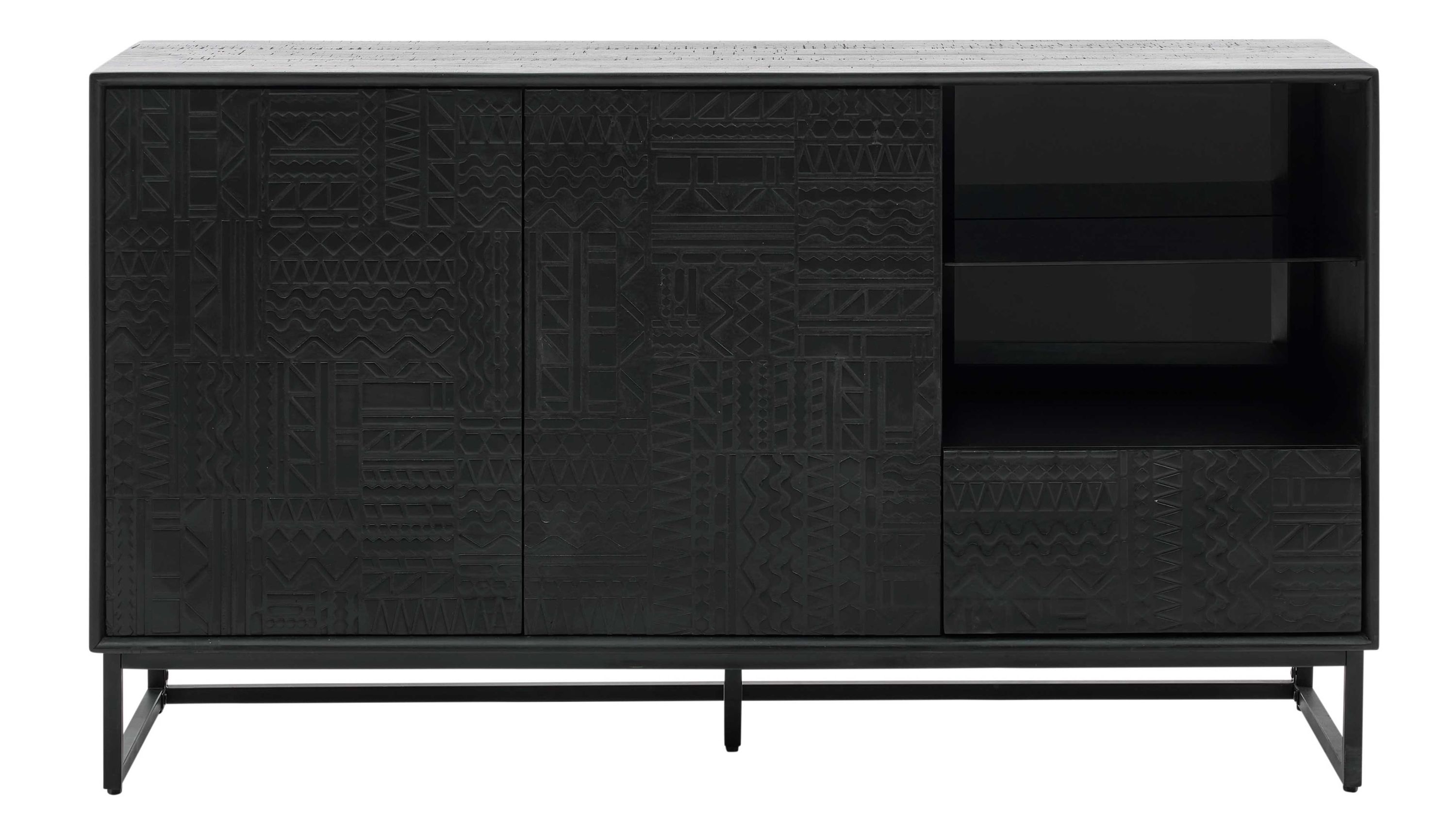Schwarzes Sideboard mit Türen Schublade und offenem Fach Schwarzes Sideboard mit zwei Türen einer Schublade und offenem Fach Muster auf den Türen