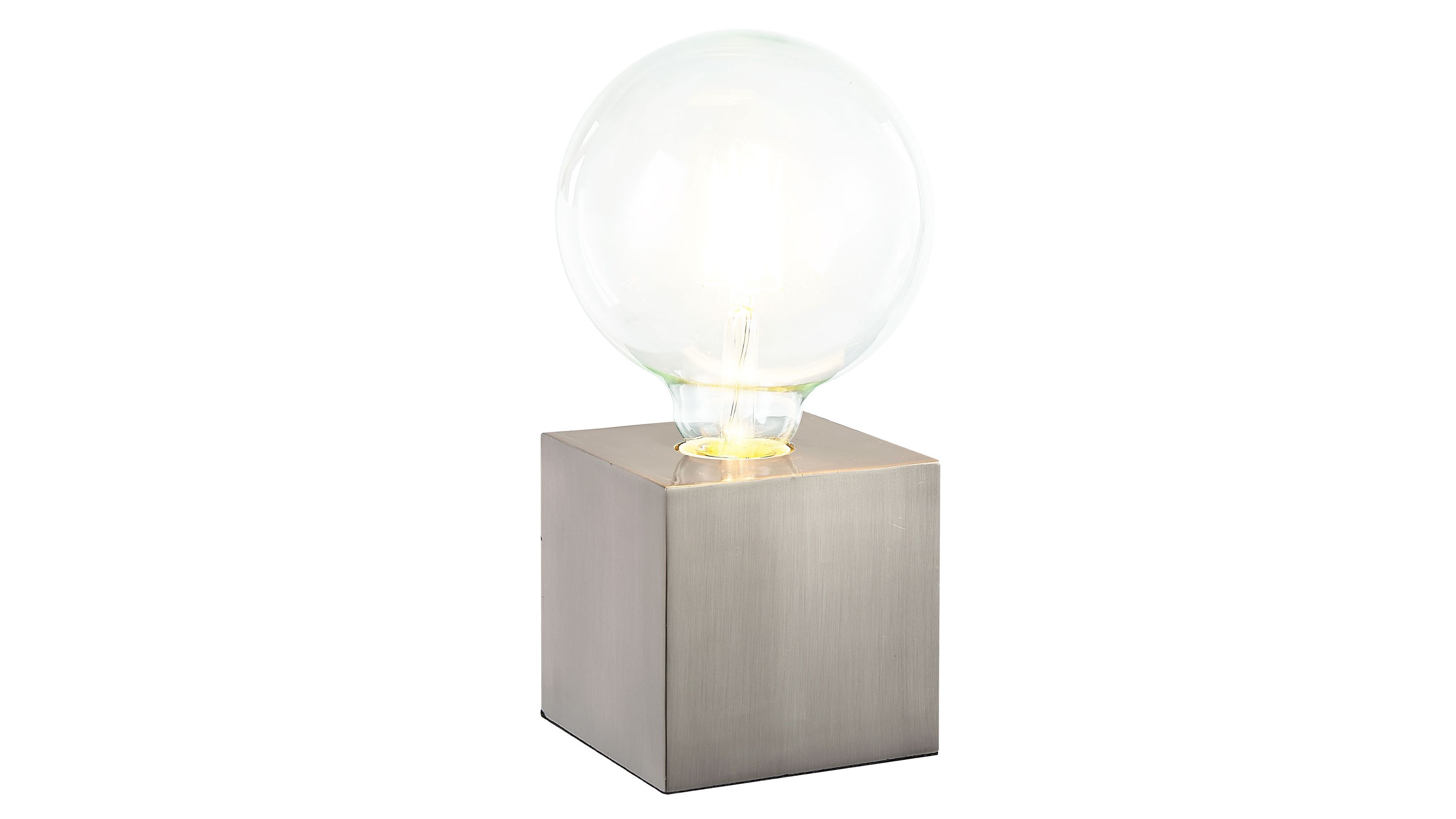 Tischlampe mit würfelförmigem Metallfuß und klarer Glühbirne Tischlampe mit würfelförmigem nickelfarbenem Metallfuß und großer klarer Glühbirne