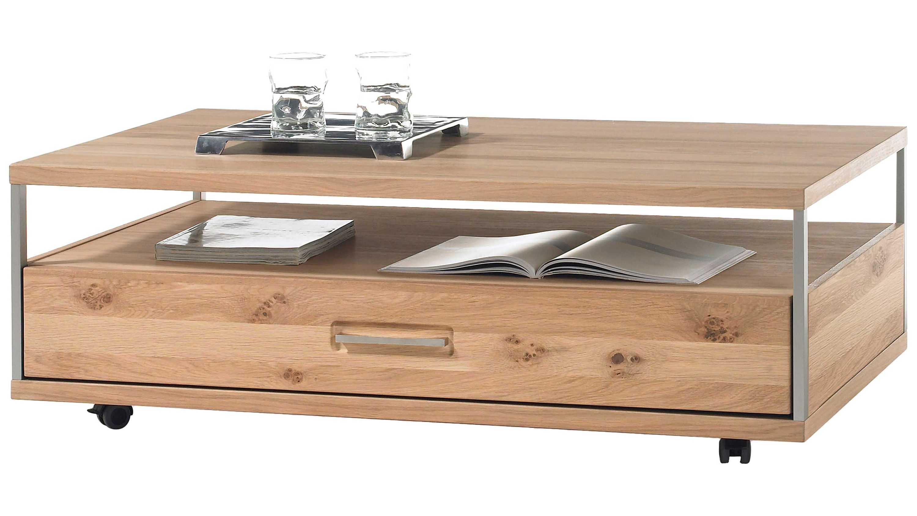Rechteckiger Couchtisch mit Ablagefach und Schublade in heller Holzoptik auf Rollen
