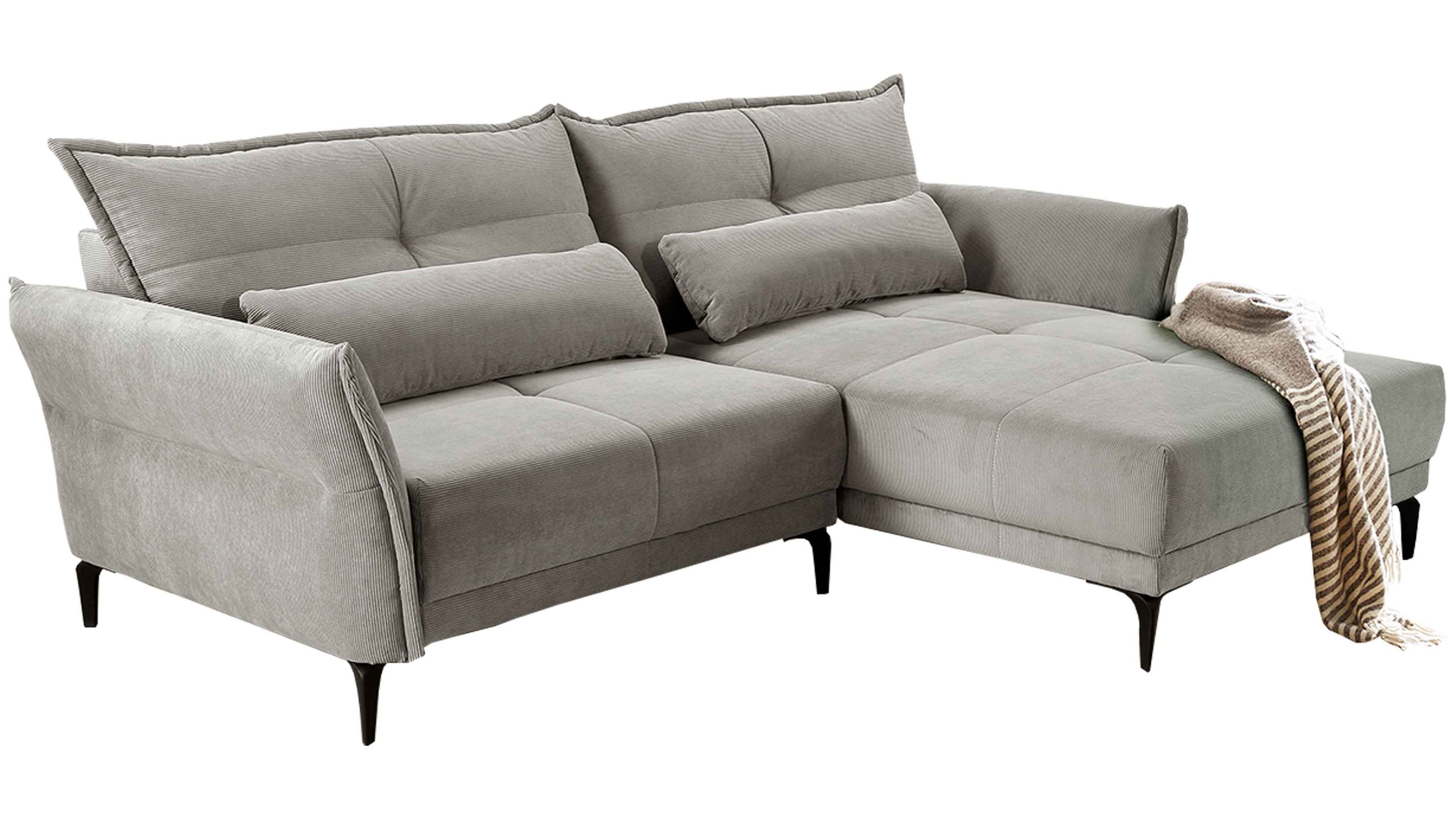 Ecksofa mit zwei Rückenlehnen und zwei langen Kissen in mittelgrauem Stoff mit feiner Struktur