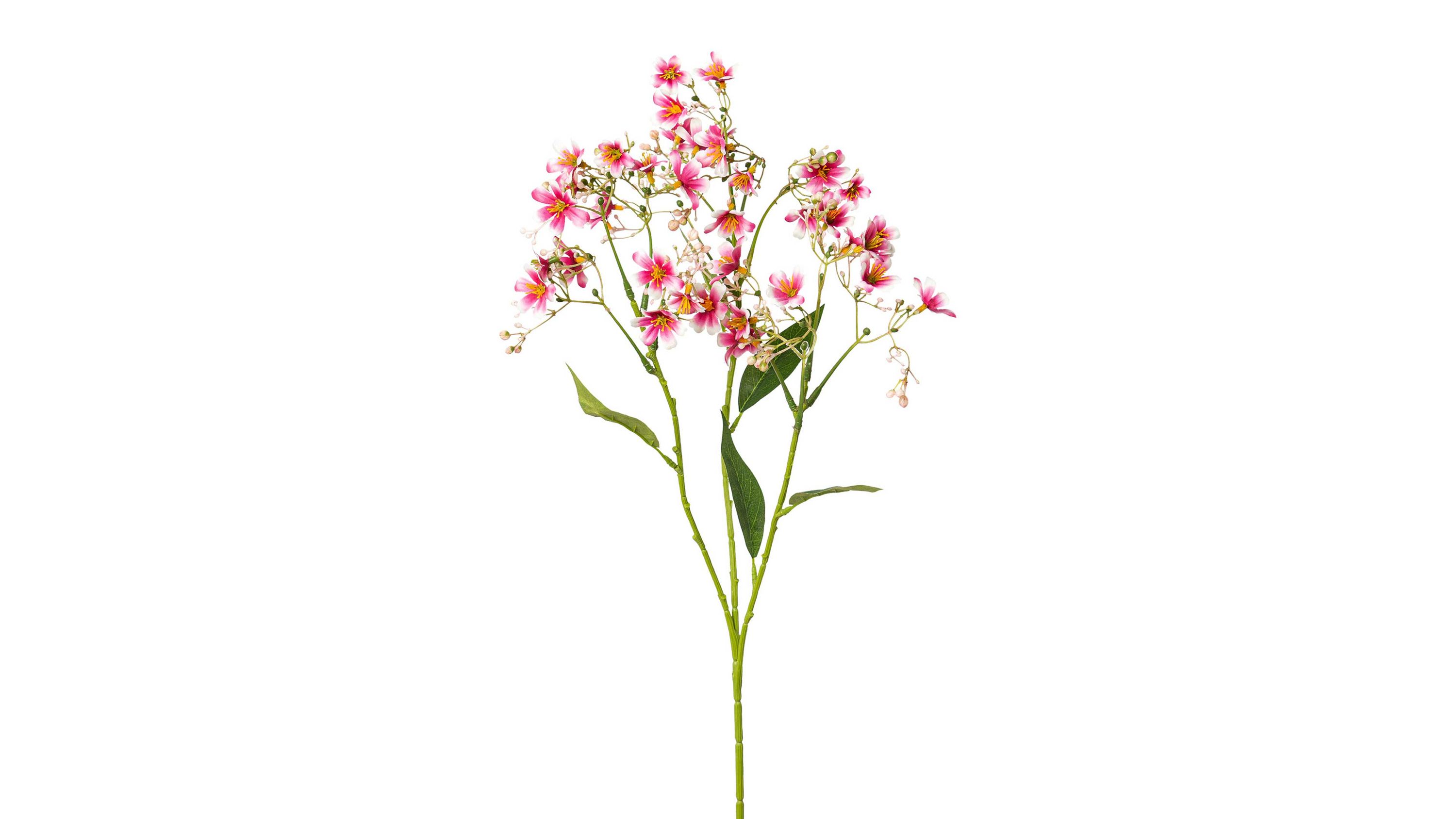 Grüner Stiel mit mehreren kleinen rosa Textilblüten und grünen Blättern
