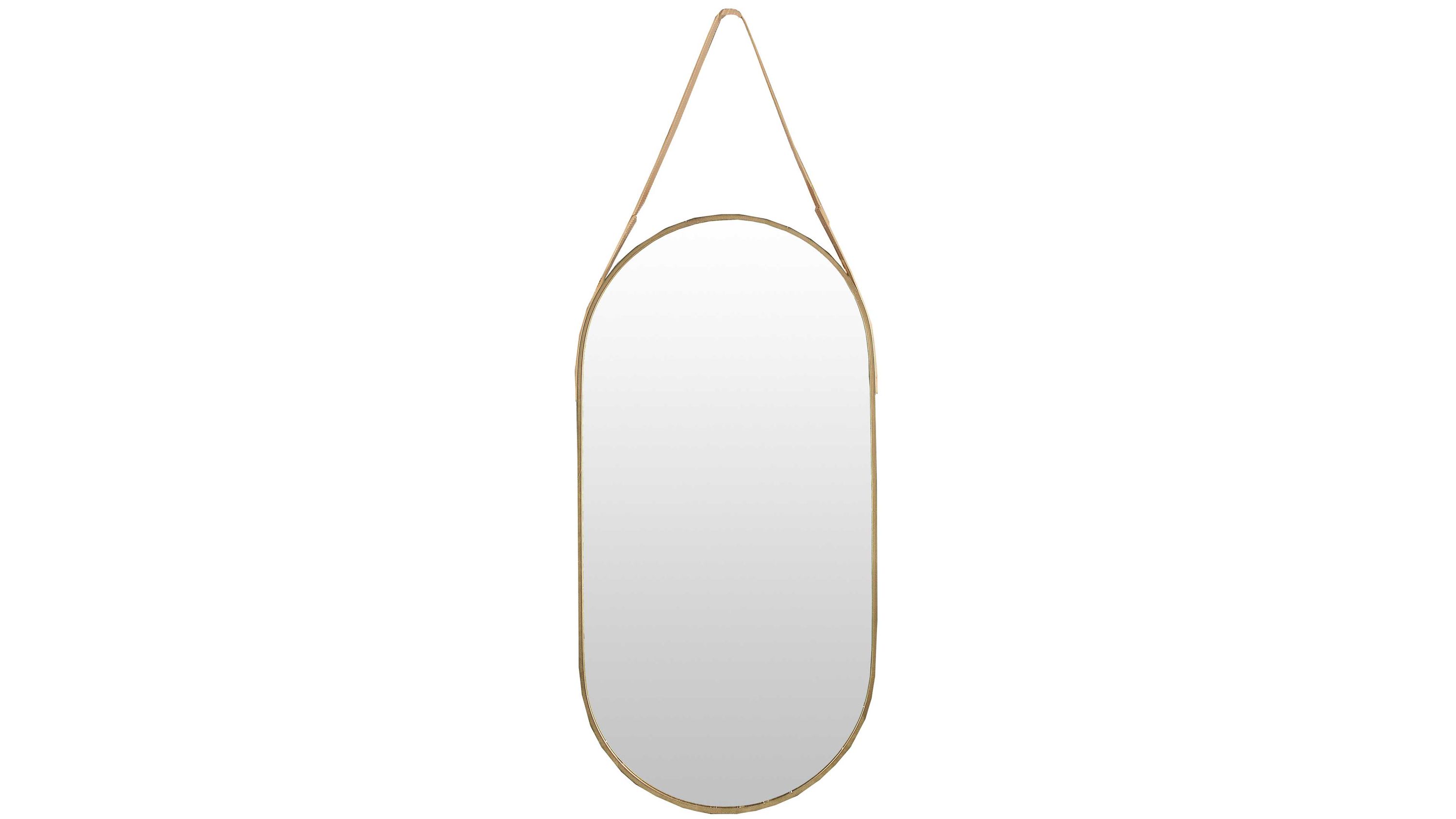 Ovaler Wandspiegel mit goldfarbenem Rahmen Ovaler Wandspiegel mit goldfarbenem Rahmen und Aufhängung aus Metall