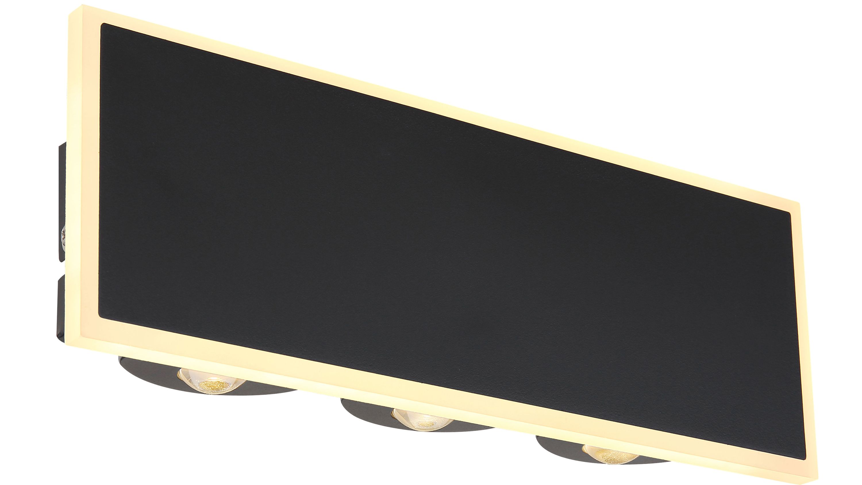 Rechteckige Wandleuchte mit schwarzer Fläche und opalem Rahmen mit drei sichtbaren Leuchtstellen