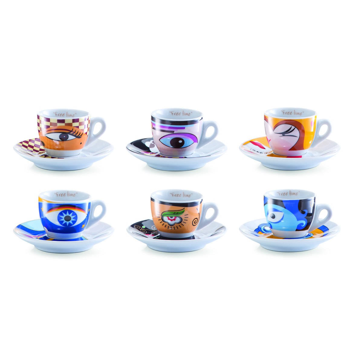 Sechsteiliges Set mit weißen Espressotassen und Untertassen jede Tasse mit buntem Augenmotiv
