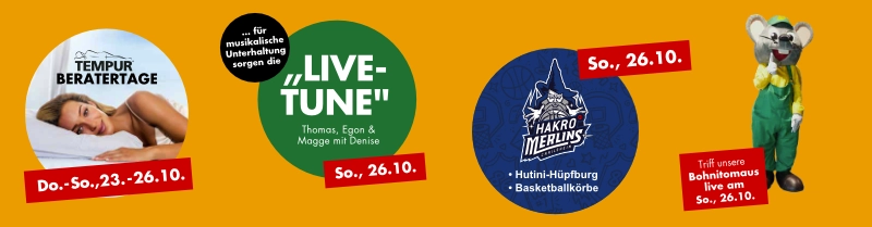 Werbebanner mit Ankündigungen zu Livemusik, Gewinnspiel und Maskottchenfigur auf orangefarbenem Hintergrund.