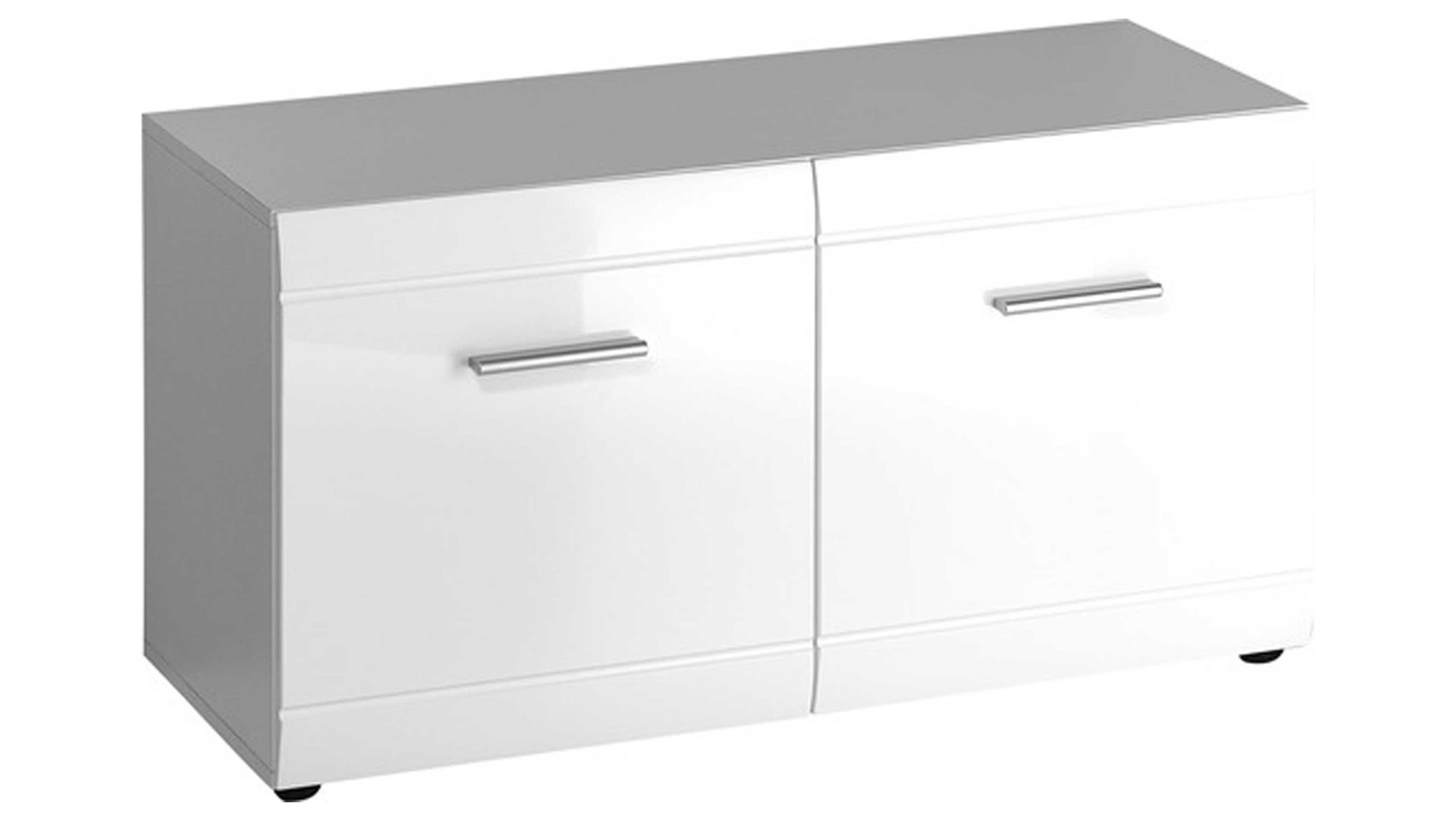 Weiße Garderobenbank mit zwei Türen und Metallgriffen