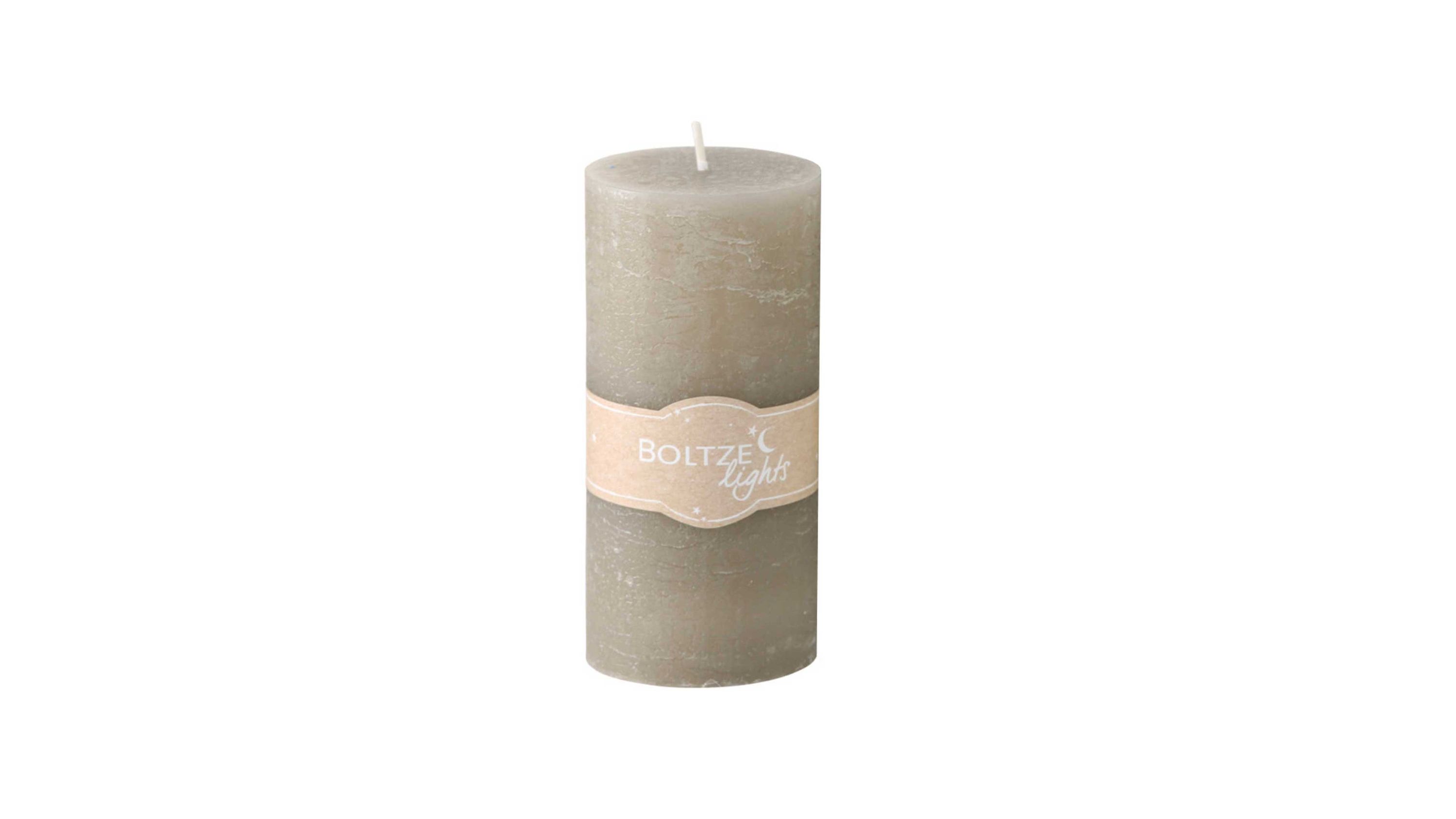 Zylindrische Stumpenkerze in taupe mit Papierband und Docht oben