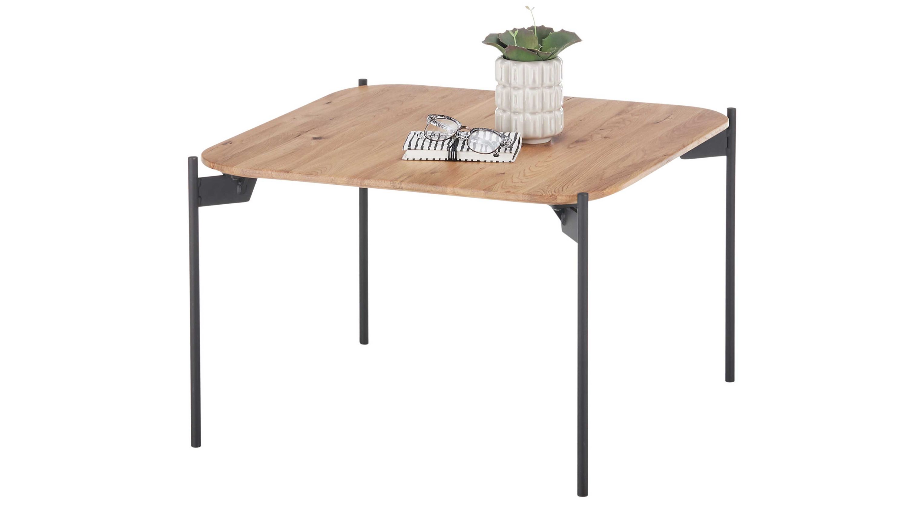 Quadratischer Beistelltisch mit Holzplatte und Metallbeinen Vase mit Pflanze und Brille auf Buch.
