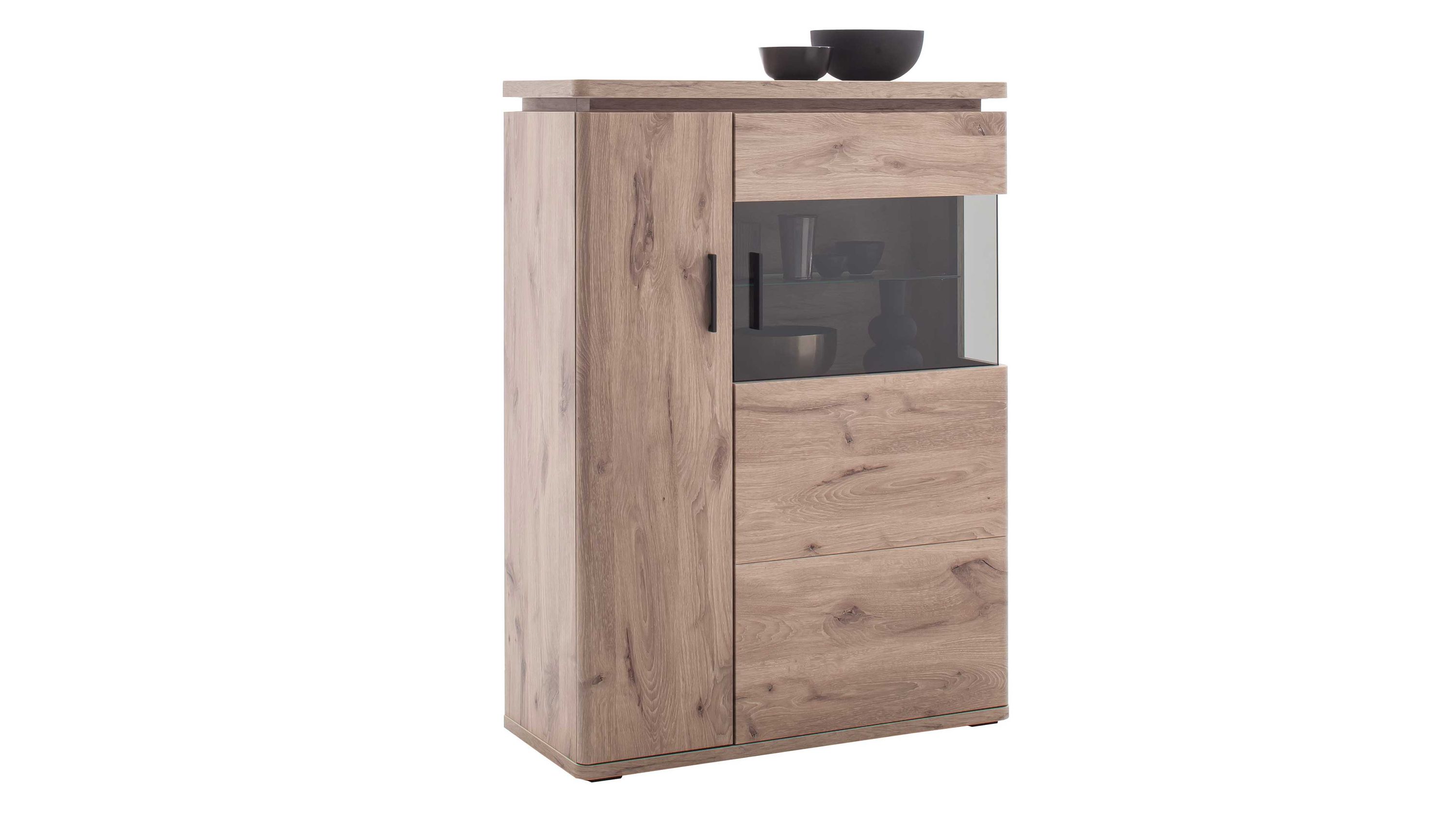 Hohes Sideboard mit zwei Türen und einer Glasfront Holzoptik in heller Eiche