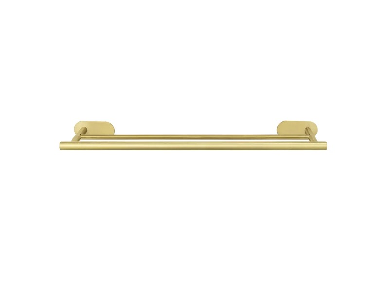 Frontalansicht einer goldfarbenen  doppelläufigen Wandhandtuchstange mit zwei runden Wandhalterungen
