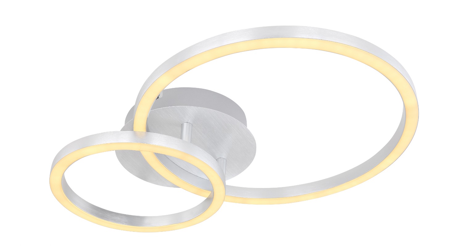 Runde LED-Deckenleuchte mit zwei überlappenden Lichtkreisen aus Aluminium in modernem, minimalistischem Design