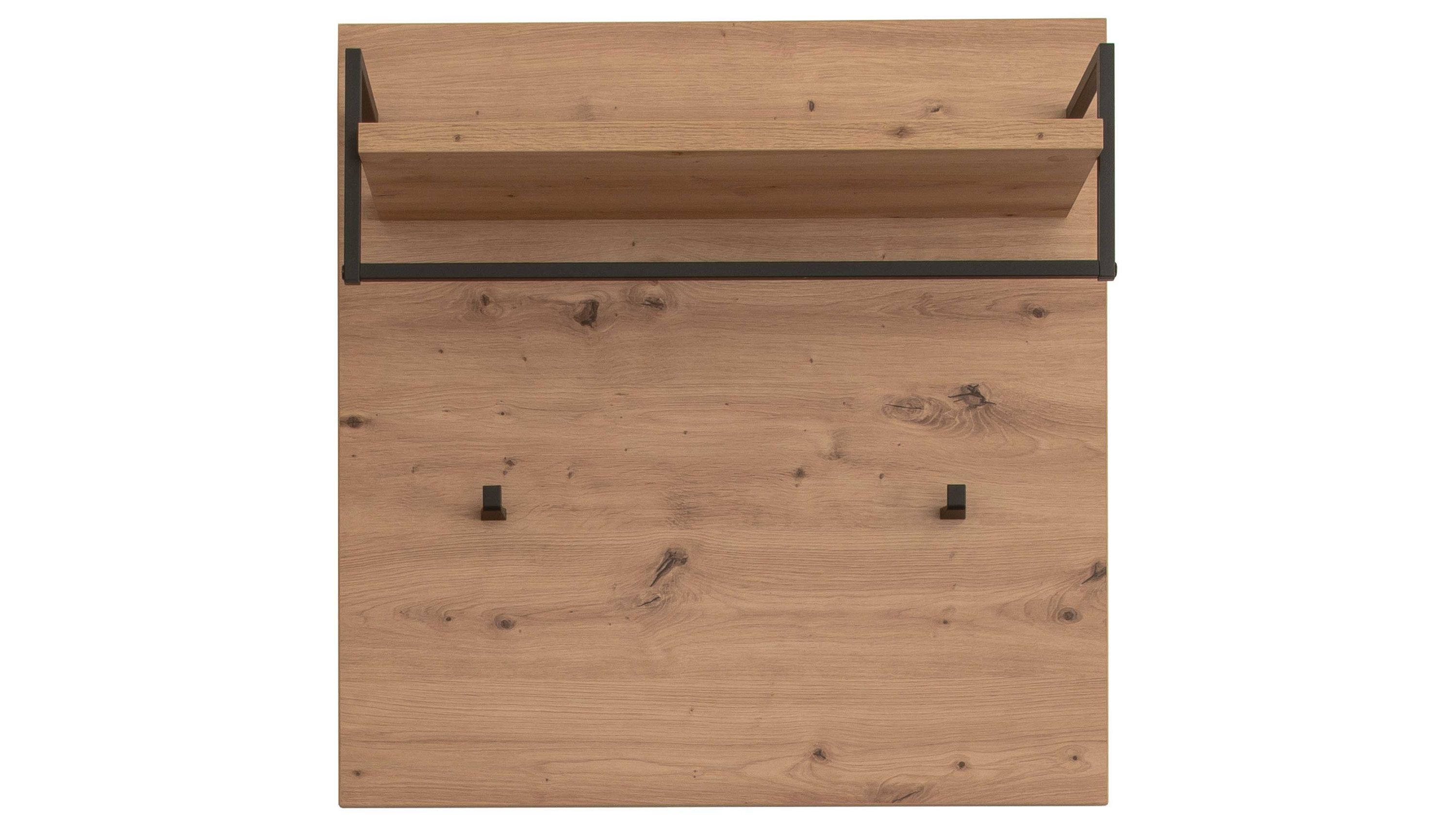 Wandgarderobe mit Ablagefach und Haken in Holz und Schwarz Quadratische Wandgarderobe aus Holz mit zwei schwarzen Haken und einem oberen Ablagefach