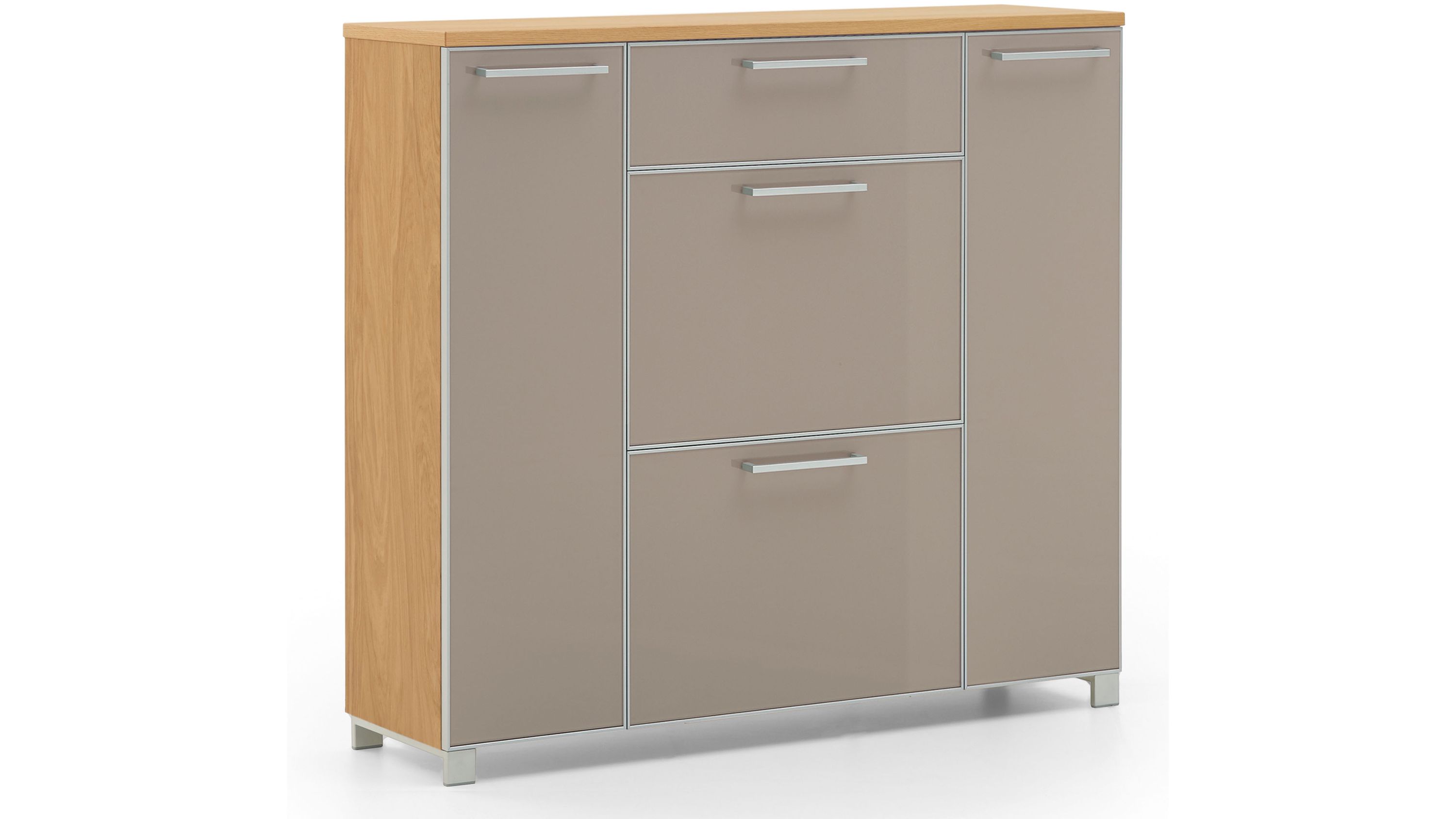 Schuhschrank mit taupefarbenen Türen und Holzoptik Schuhschrank mit vier taupefarbenen Türen und einer Schublade Korpus in Holzoptik