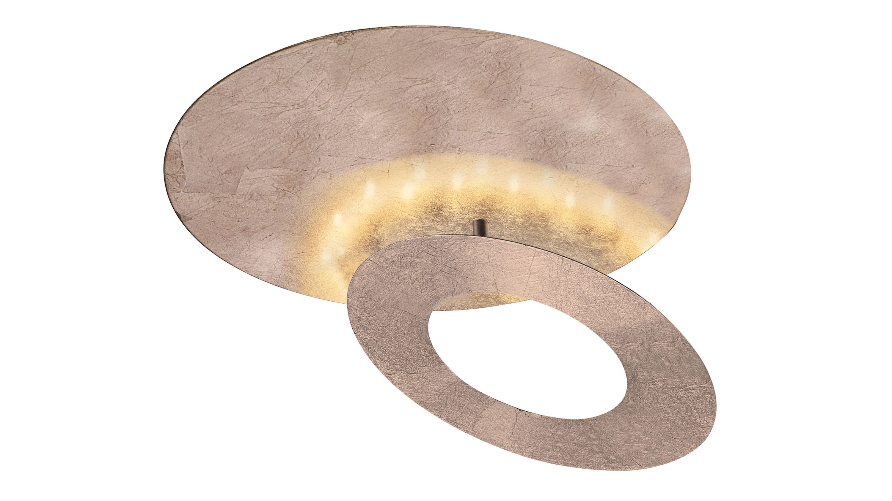 Runde Deckenleuchte mit zwei goldfarbenen gehämmerten Metallringen und integrierten LED-Leuchten