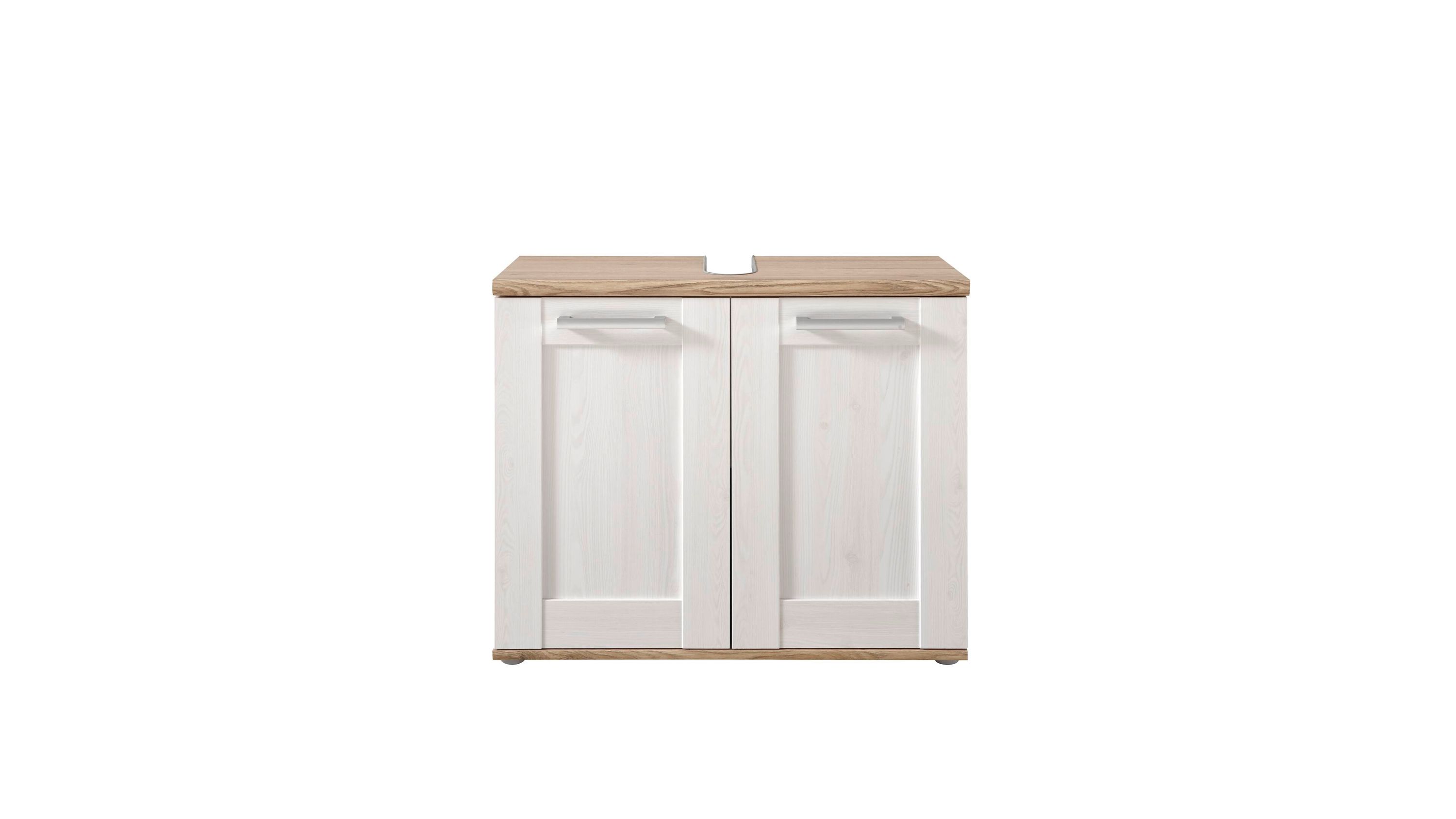 Waschbeckenunterschrank mit zwei Türen und heller Ablagefläche Waschbeckenunterschrank mit zwei weißen Türen und hellbrauner Ablagefläche mit Aussparung