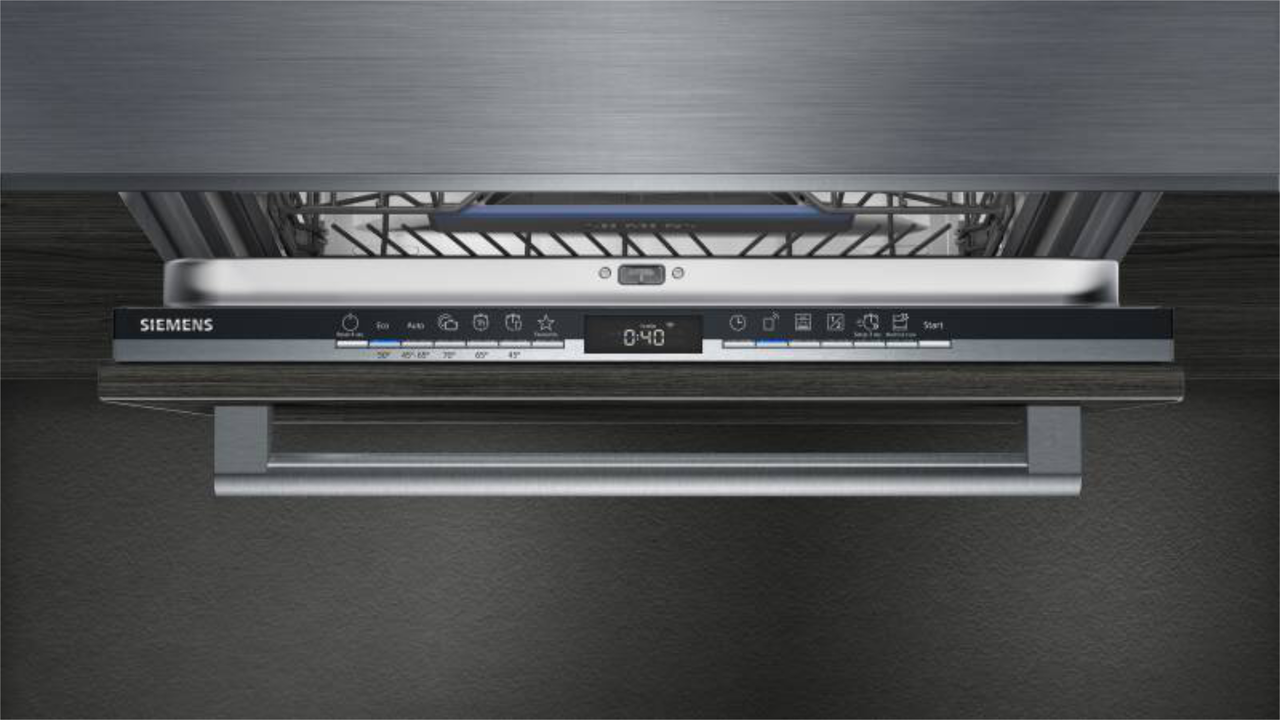 Teilgeöffneter Siemens XXL-Geschirrspüler SX63HX61CE  60?cm  mit sichtbarem oberen Spülkorb