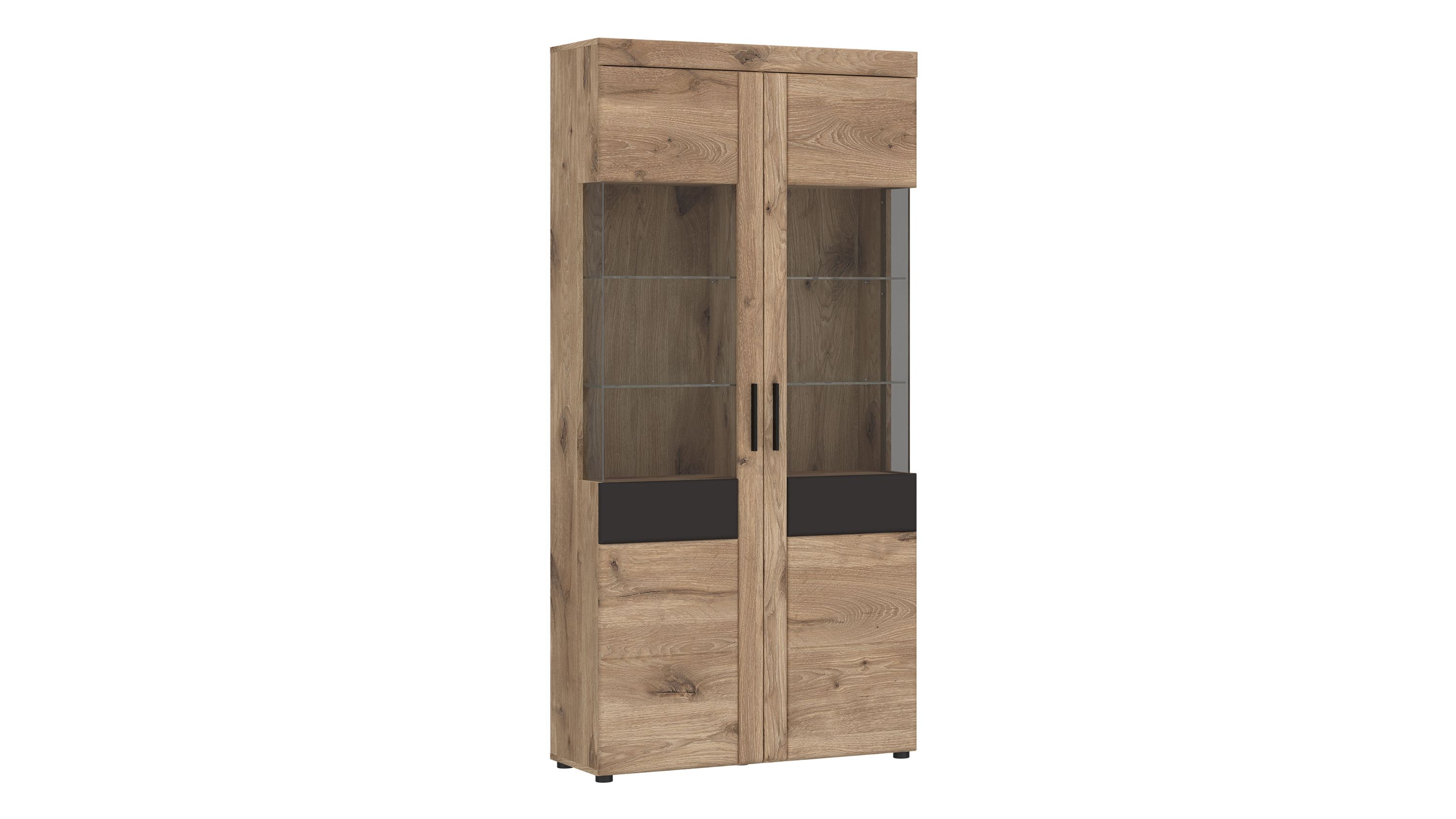 Zweitürige Vitrine mit Holzoptik und Glaseinsätzen in naturfarben und grau