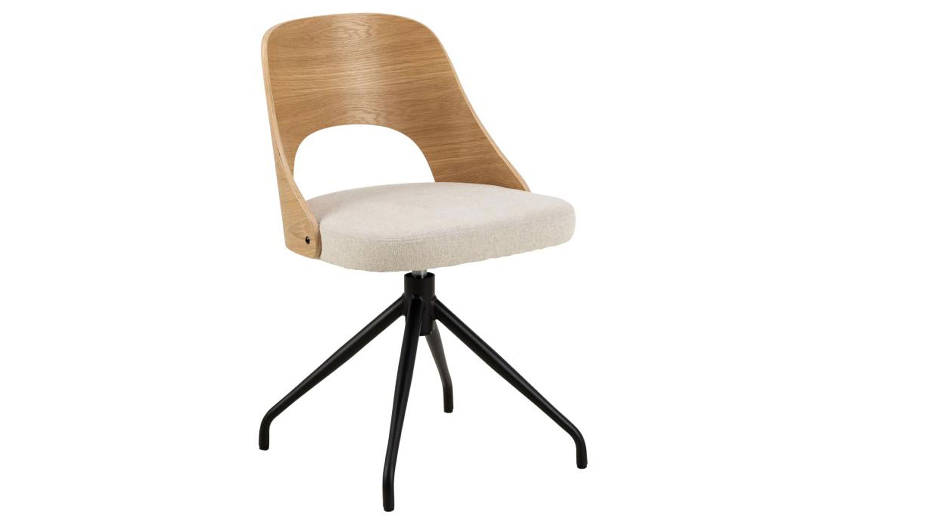Esszimmerstuhl Lucy mit Drehfunktion beigefarbener Bezug Apia 453, lackierte Eiche & schwarze Metallfüße