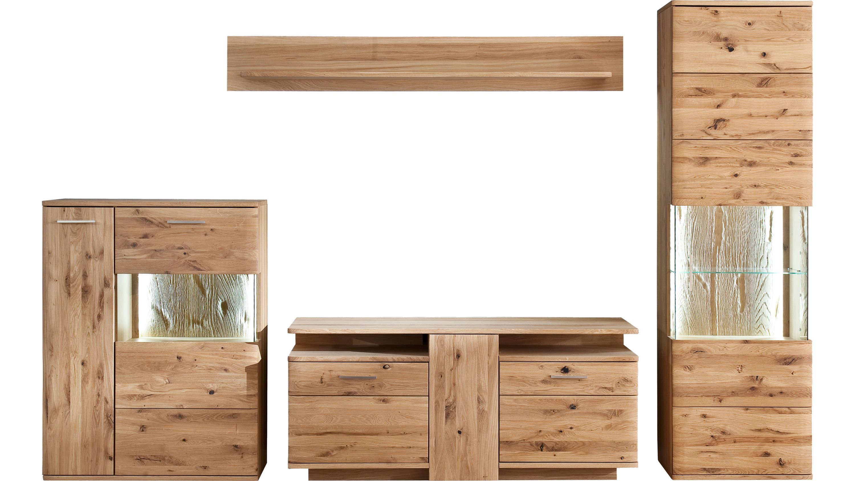 Vierteilige Wohnwand aus Eiche mit Schränken Vitrine mit Glasfach und Wandboard in Holzoptik