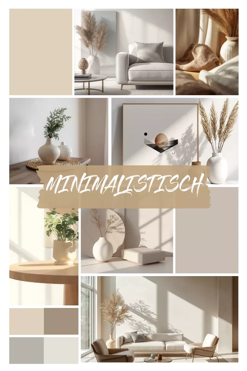 Collage im minimalistischen Stil mit schlichtem Wohnzimmer, neutralen Farben, wenigen Deko-Elementen, hellen Vasen, Pflanzen und klaren Linien in Beige und Weiß