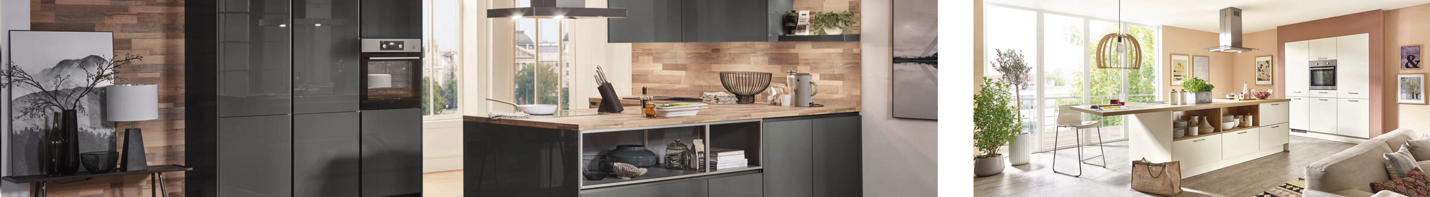 Zwei moderne Küchen im offenen Wohnkonzept: links graue Einbauküche mit Holzarbeitsplatte und Elektrogeräten, rechts helle Kücheninsel mit Barhockern. Stilvolles Design für funktionales Wohnen.