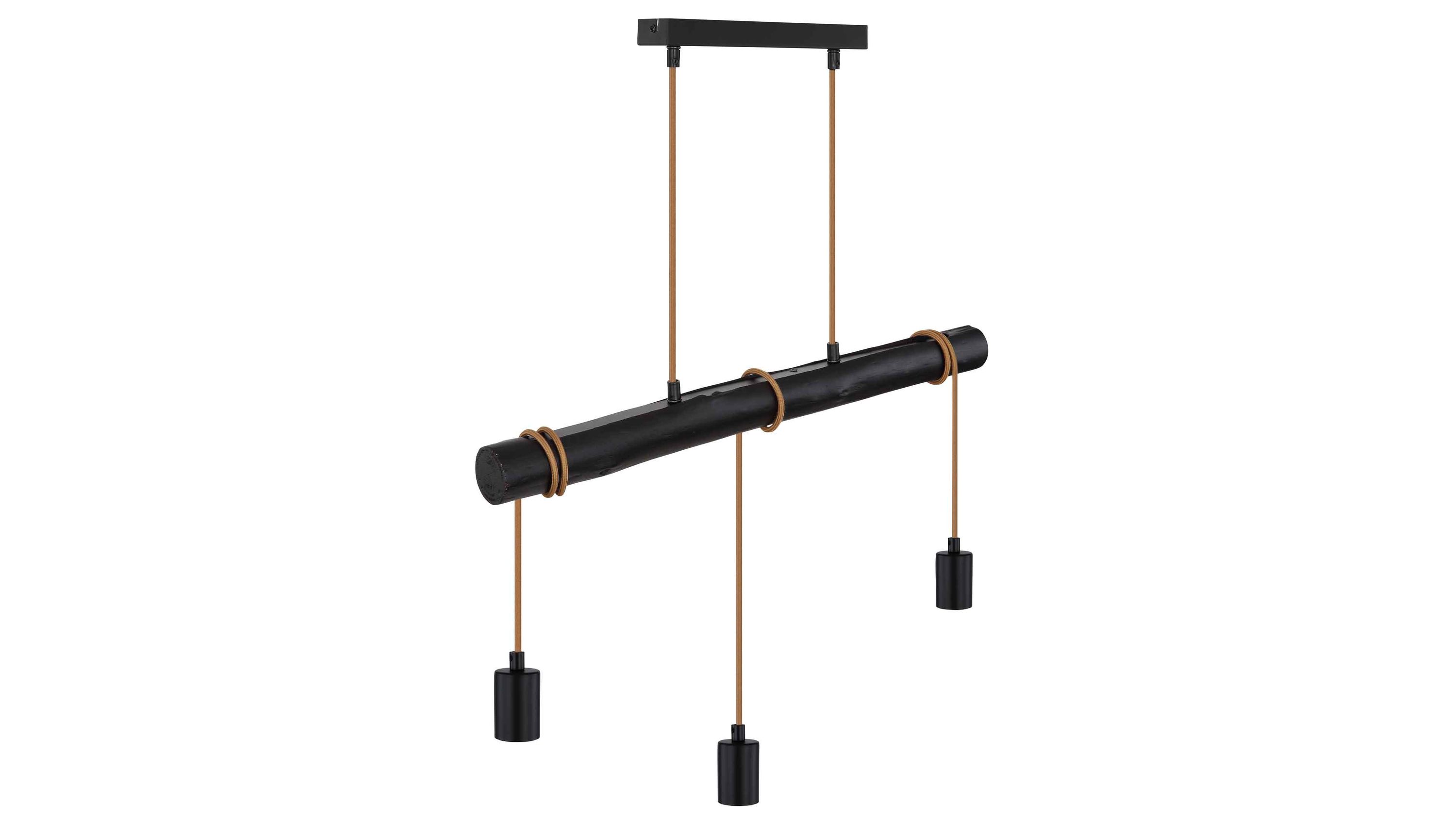 Schwarze Hängelampe mit drei Leuchten an Holzstab Schwarze Hängelampe mit drei zylindrischen Leuchten an einem horizontalen Stab befestigt an zwei Kabeln