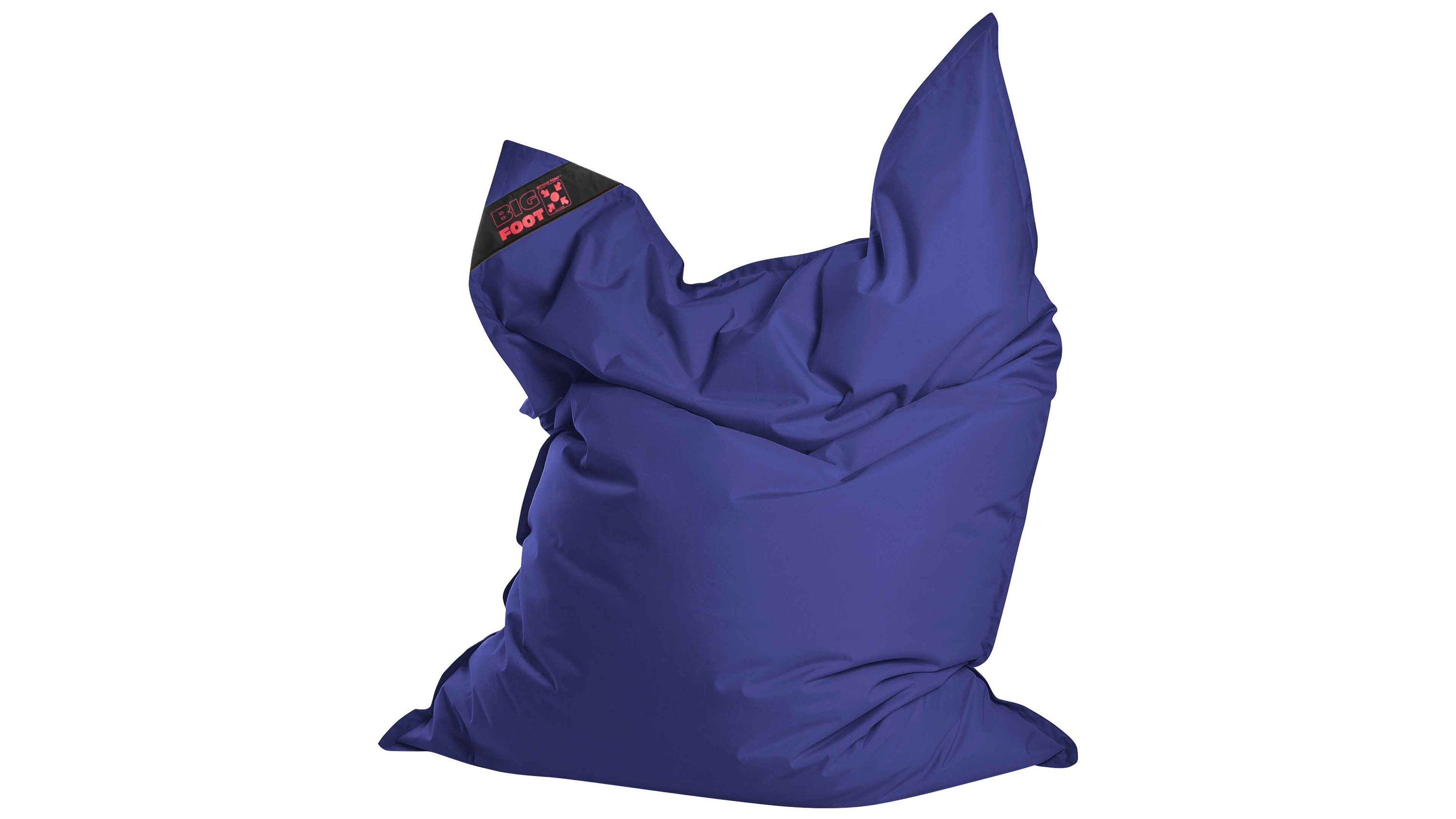 Großer dunkelblauer Sitzsack mit unregelmäßiger Form und schwarzem Ecklabel